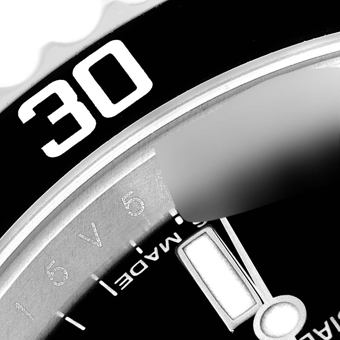 The close-up image depicts the bezel and part of the dial of a Rolex Submariner 14060M Men
s Stainless Steel Black Dial 14060M Men
s Stainless Steel Black Dial watch, highlighting the 30-minute marker.