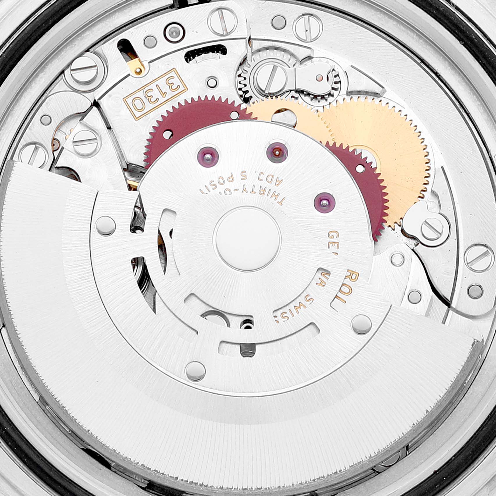 The image displays the intricate inner movement mechanism of the Rolex Submariner 14060M Men
s Stainless Steel Black Dial 14060M Men
s Stainless Steel Black Dial watch from an up-close top angle.