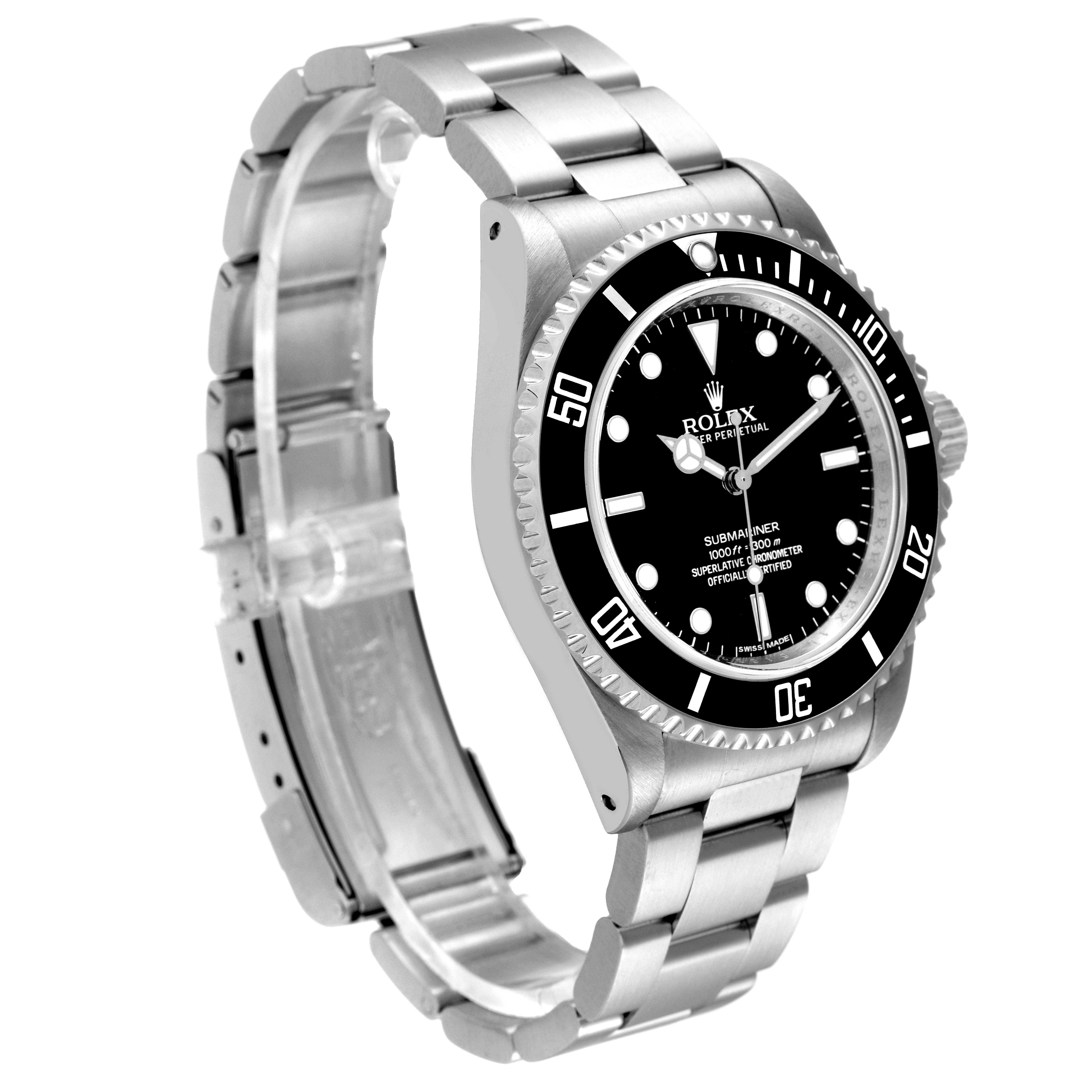 The image shows a Rolex Submariner 14060M Men
s Stainless Steel Black Dial 14060M Men
s Stainless Steel Black Dial watch at a slight left-side angle, highlighting the face, bezel, and stainless steel bracelet.