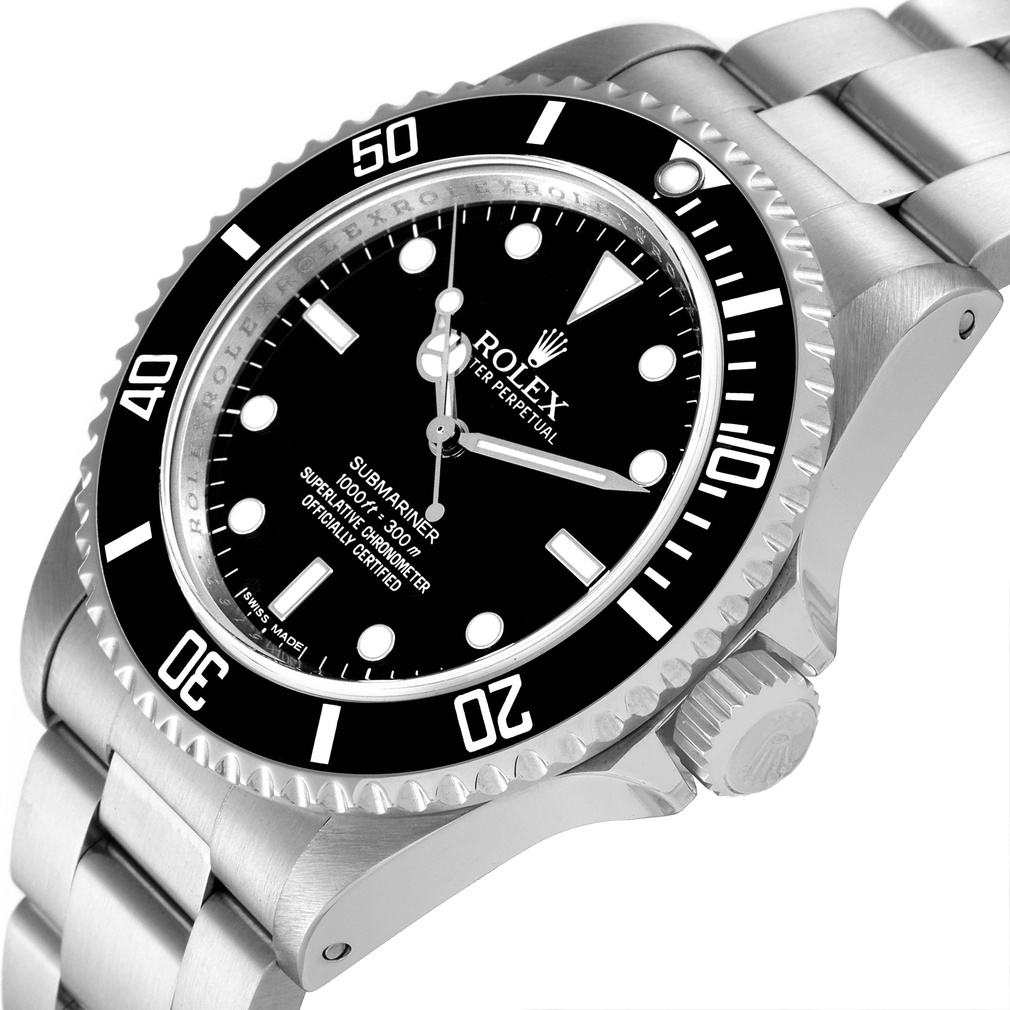 The image shows a Rolex Submariner 14060M Men
s Stainless Steel Black Dial 14060M Men
s Stainless Steel Black Dial watch from an angled side view, highlighting its bezel, dial, crown, and part of the bracelet.