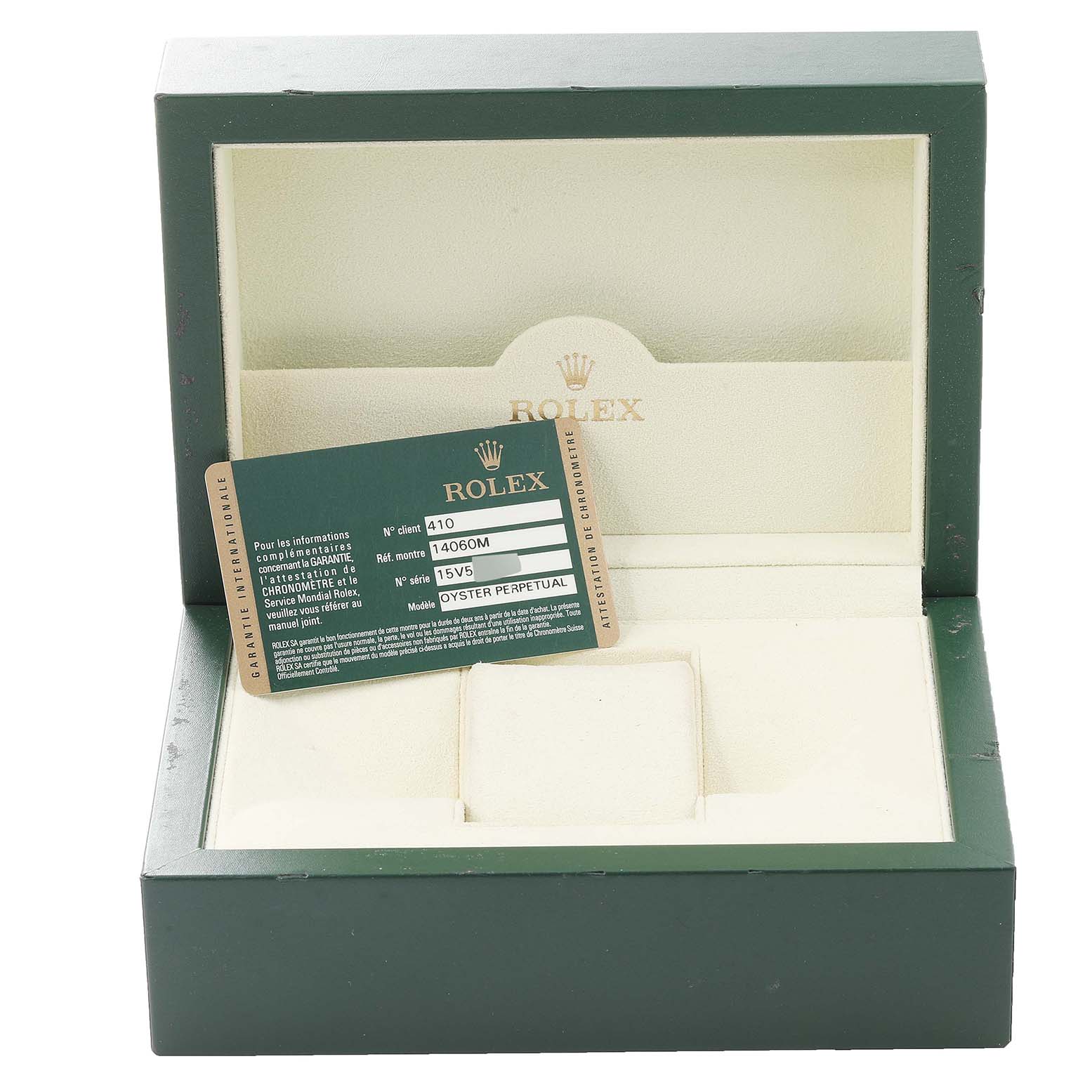 An empty Rolex Submariner 14060M Men
s Stainless Steel Black Dial 14060M Men
s Stainless Steel Black Dial watch box with an Best Quality
ation card is shown.