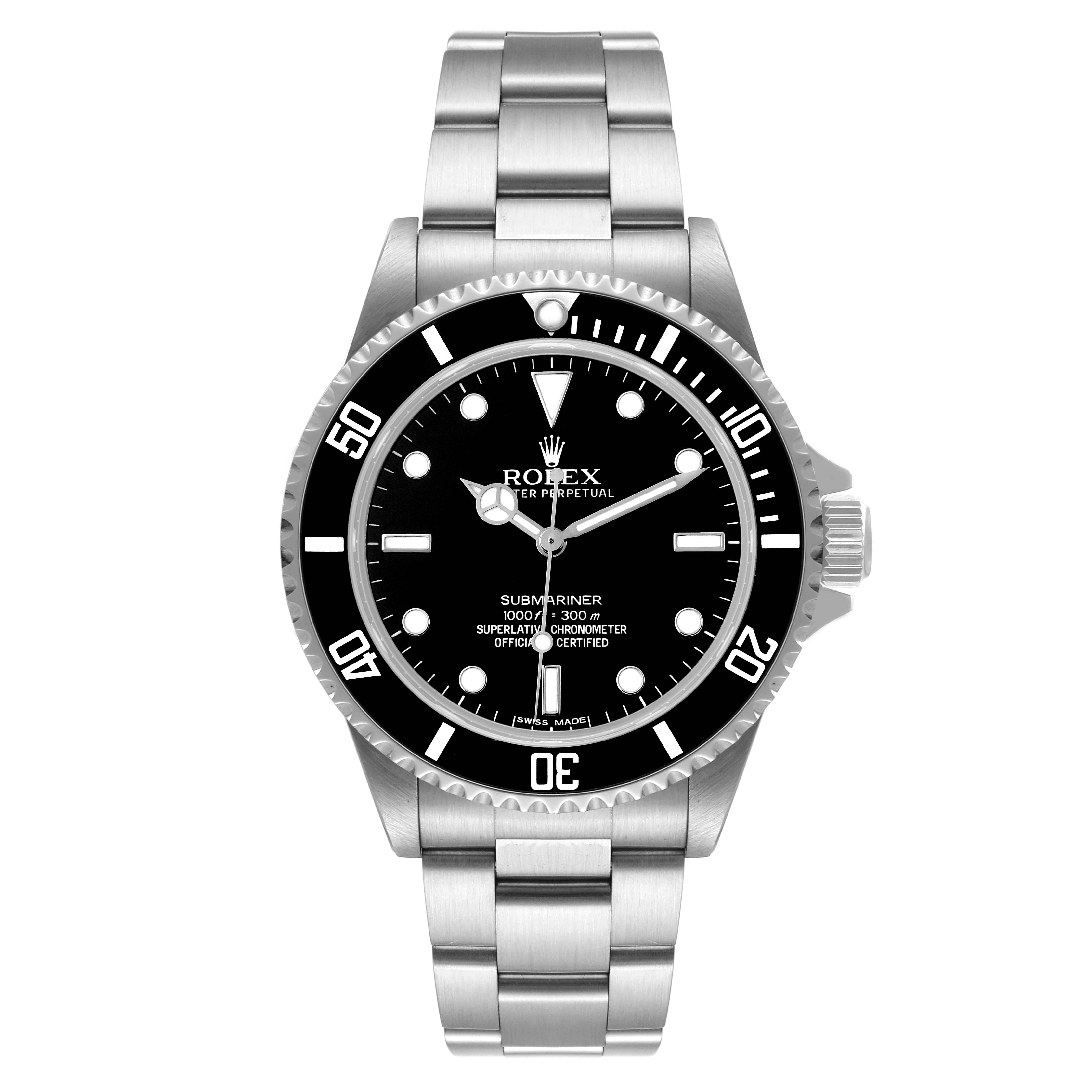 The image shows a front view of the Rolex Submariner 14060M Men
s Stainless Steel Black Dial 14060M Men
s Stainless Steel Black Dial watch, displaying the dial, bezel, and bracelet.