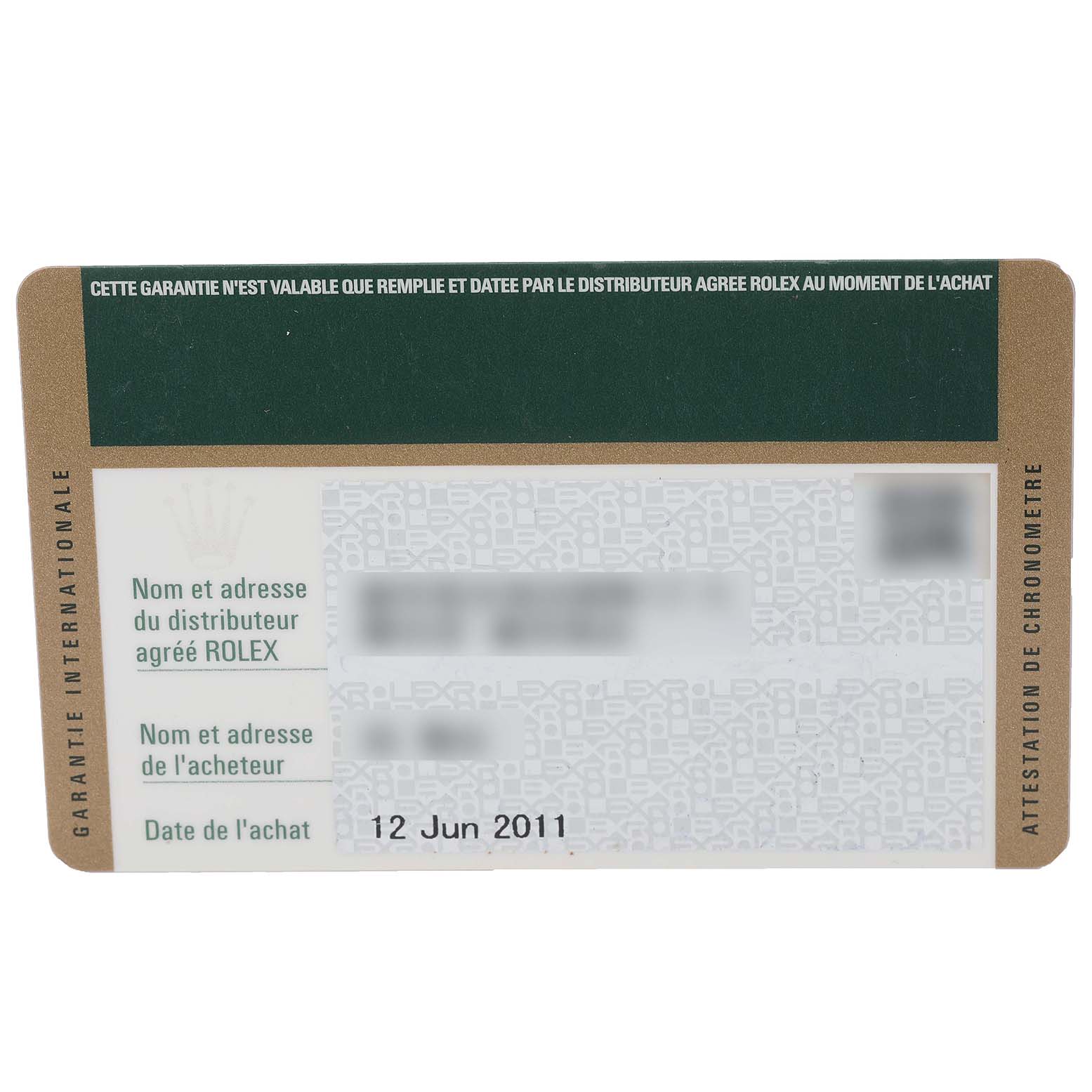 The image shows a warranty card for the Rolex Submariner 14060M Men
s Stainless Steel Black Dial 14060M Men
s Stainless Steel Black Dial watch, providing purchase details and dealer information.