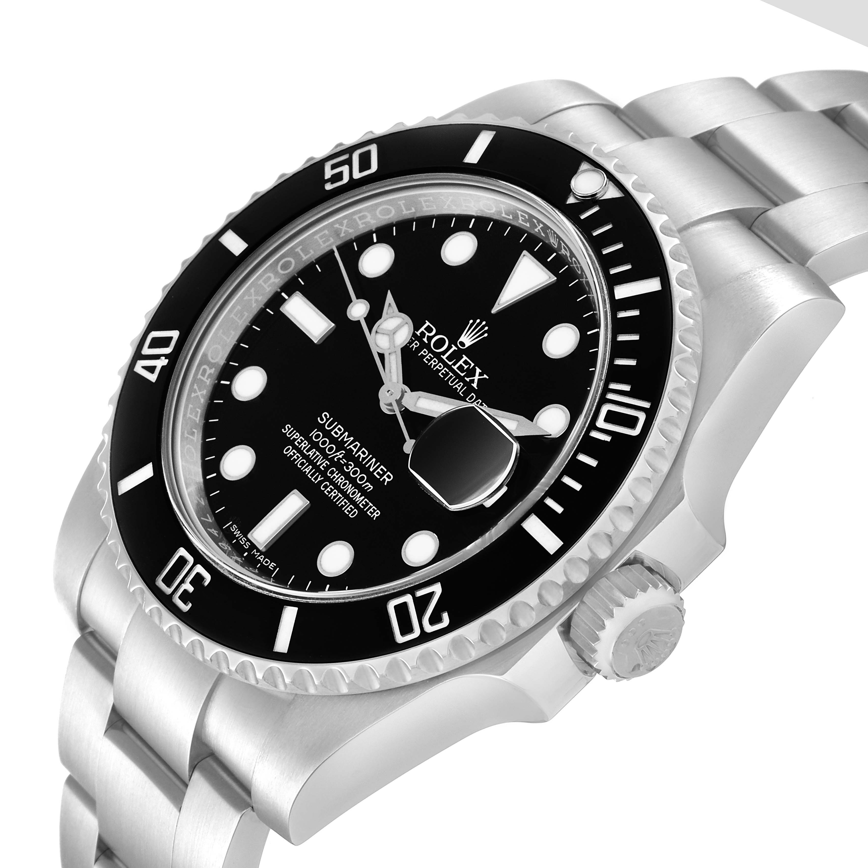 The image shows a Rolex Submariner 116610 Men
s Stainless Steel Black Dial 116610 Men
s Stainless Steel Black Dial from an angled top view, highlighting the dial, bezel, crown, and part of the bracelet.