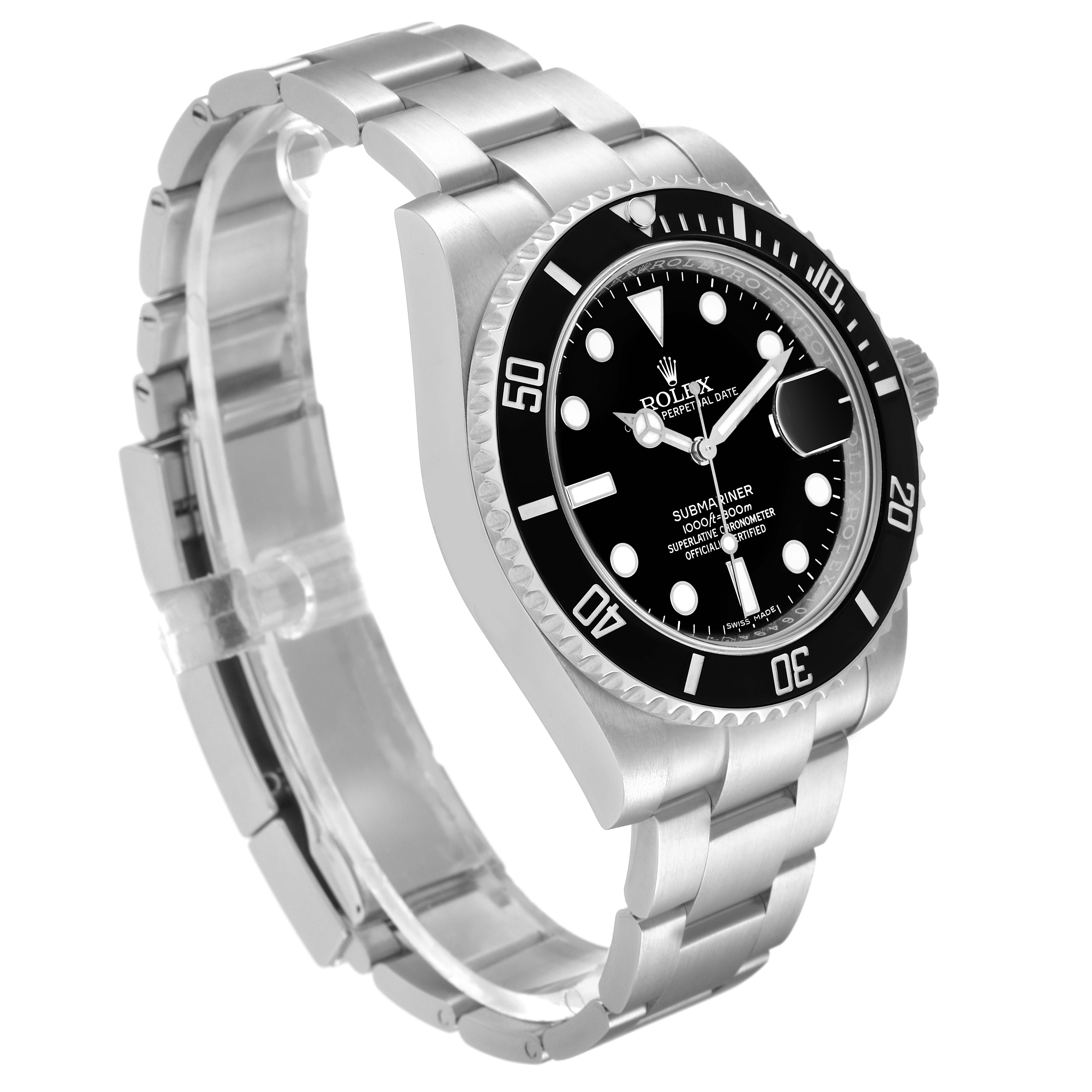 The image shows a Rolex Submariner 116610 Men
s Stainless Steel Black Dial 116610 Men
s Stainless Steel Black Dial watch at a three-quarter angle, highlighting its dial, bezel, and bracelet.