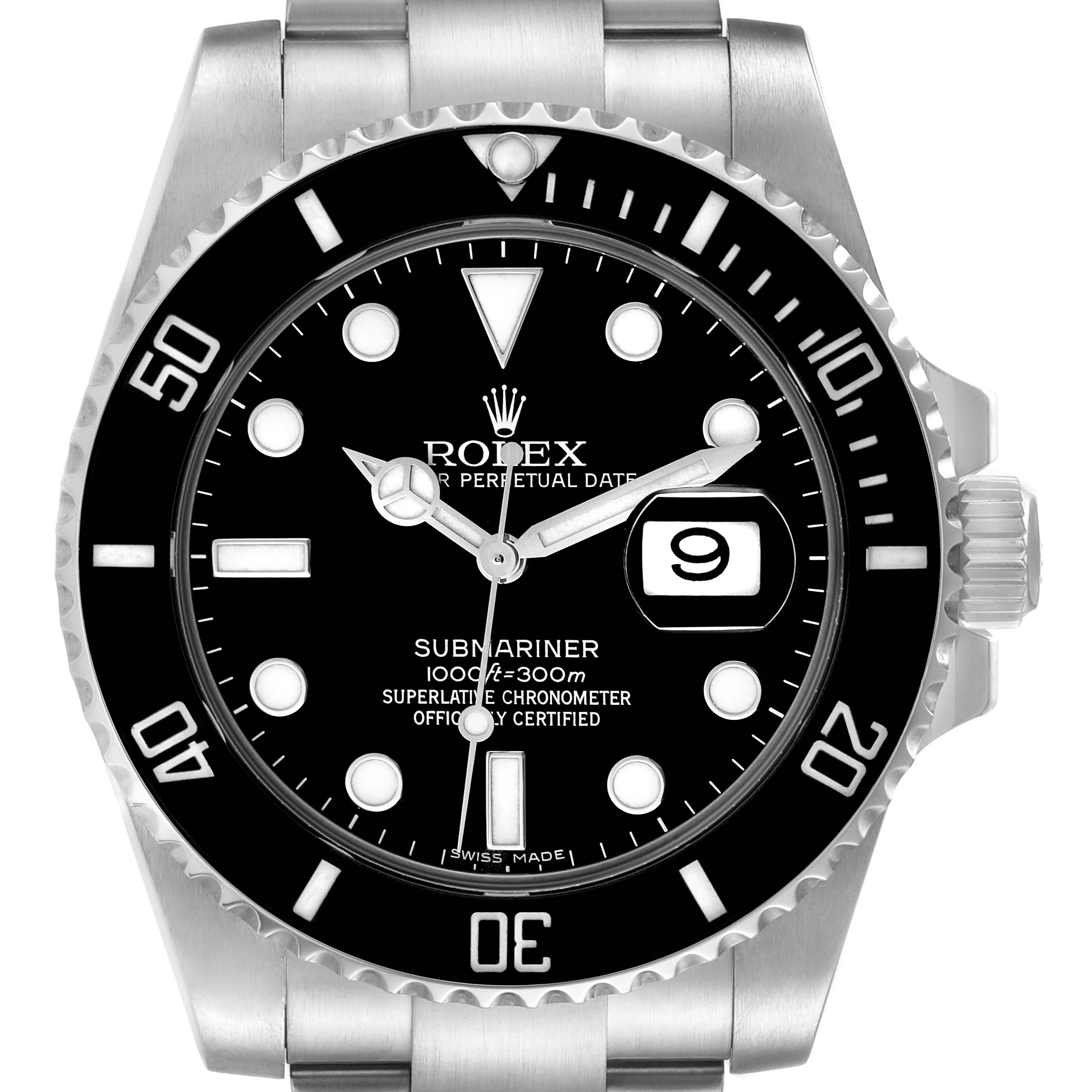 This image shows a front view of a Rolex Submariner 116610 Men
s Stainless Steel Black Dial 116610 Men
s Stainless Steel Black Dial watch, highlighting its dial, bezel, bracelet, and crown.