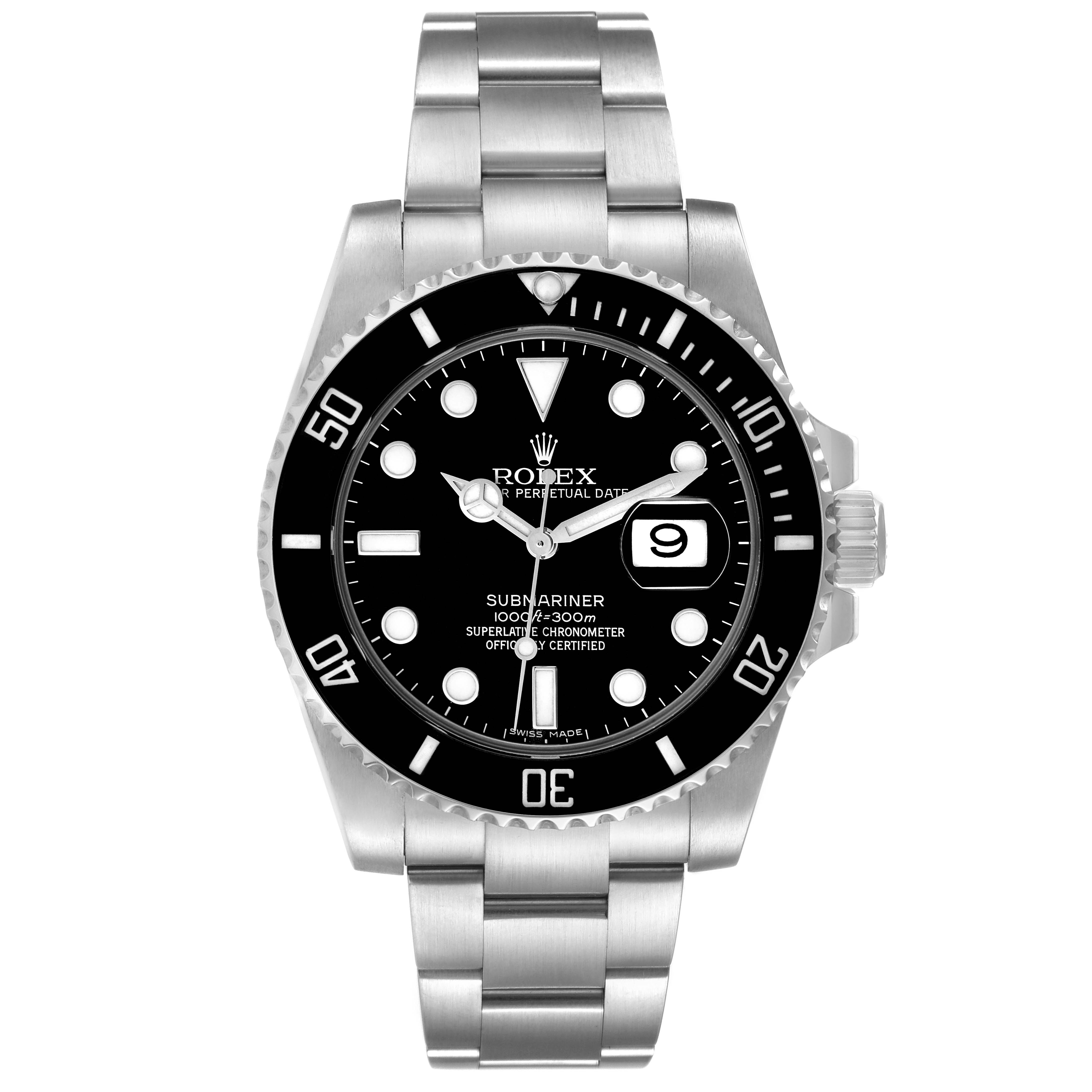 This image shows a frontal view of a Rolex Submariner 116610 Men
s Stainless Steel Black Dial 116610 Men
s Stainless Steel Black Dial watch, displaying its face, bezel, bracelet, and crown.