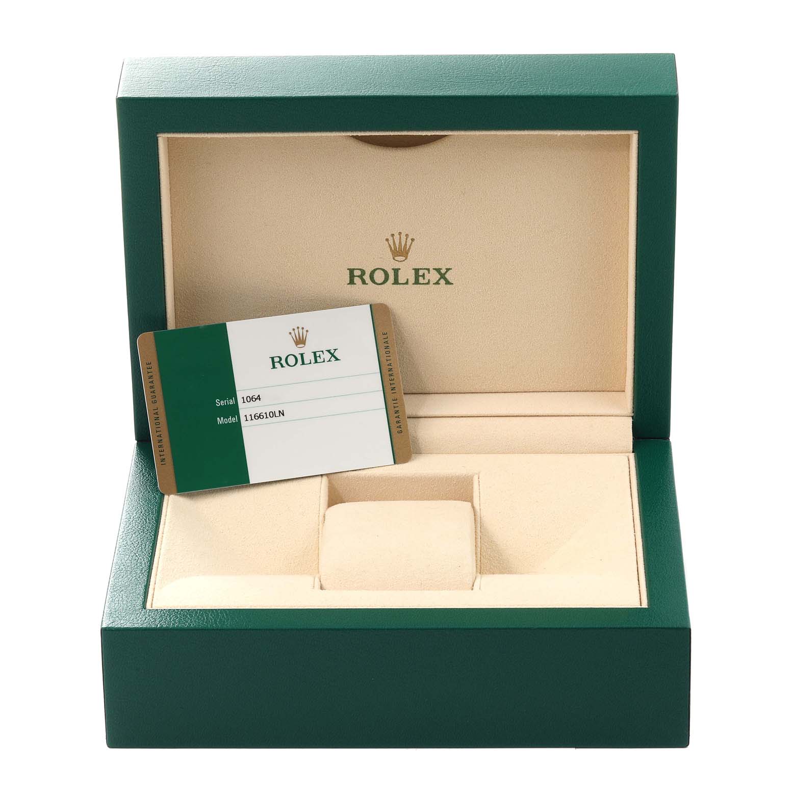 The image shows an open Rolex Submariner 116610 Men
s Stainless Steel Black Dial 116610 Men
s Stainless Steel Black Dial watch box with a model and serial number card inside.