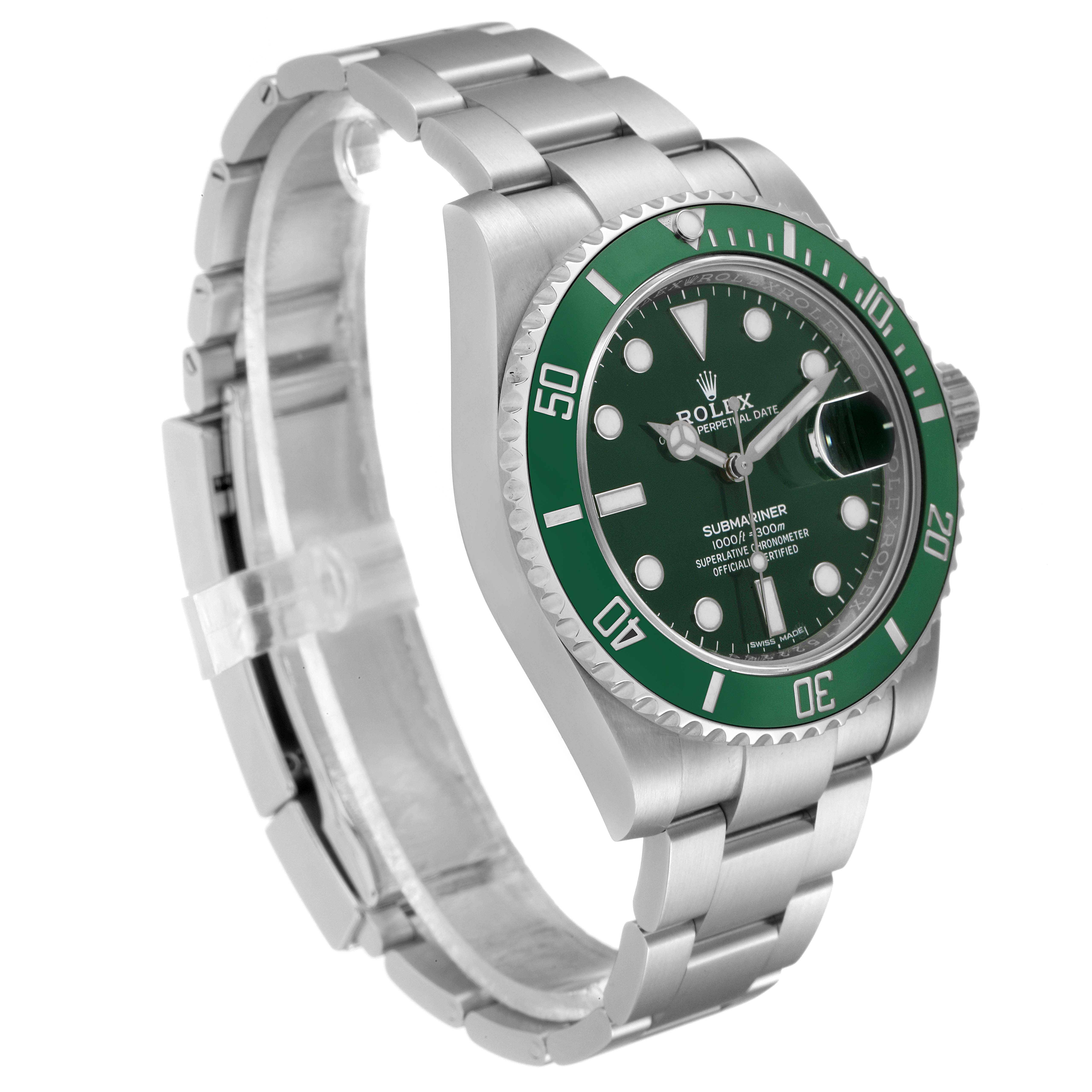 The Rolex Submariner 116610LV Men
s Stainless Steel Green Dial 116610LV Men
s Stainless Steel Green Dial watch is shown at an angled view displaying its green bezel, dial, and stainless steel bracelet.