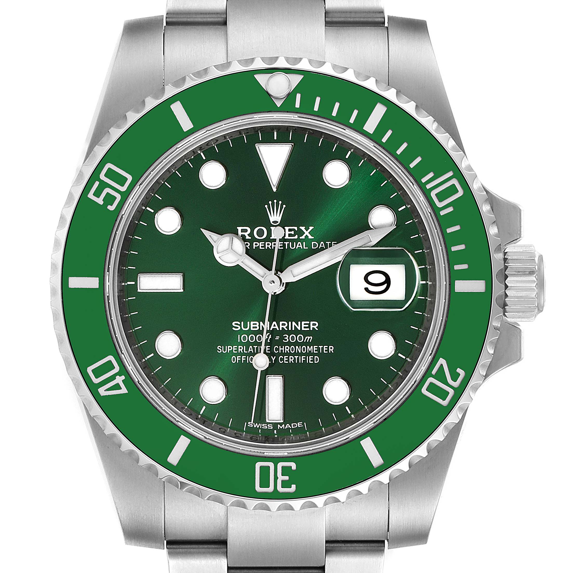 The image shows a front view of a Rolex Submariner 116610LV Men
s Stainless Steel Green Dial 116610LV Men
s Stainless Steel Green Dial watch, highlighting its green face, bezel, and date display.
