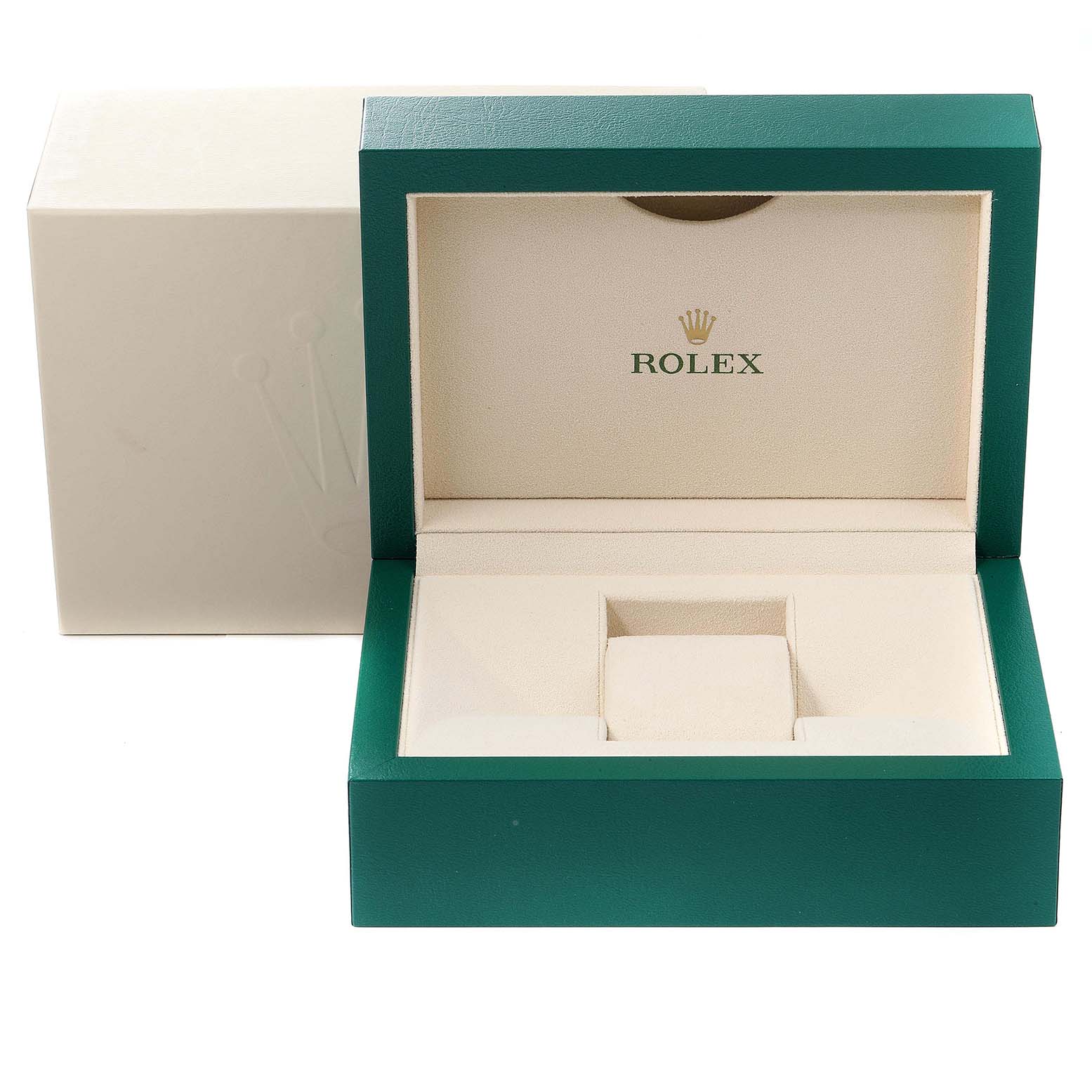 The image shows an empty green Rolex Submariner 116610LV Men
s Stainless Steel Green Dial 116610LV Men
s Stainless Steel Green Dial watch box with the lid open, displaying the interior cushion and logo.
