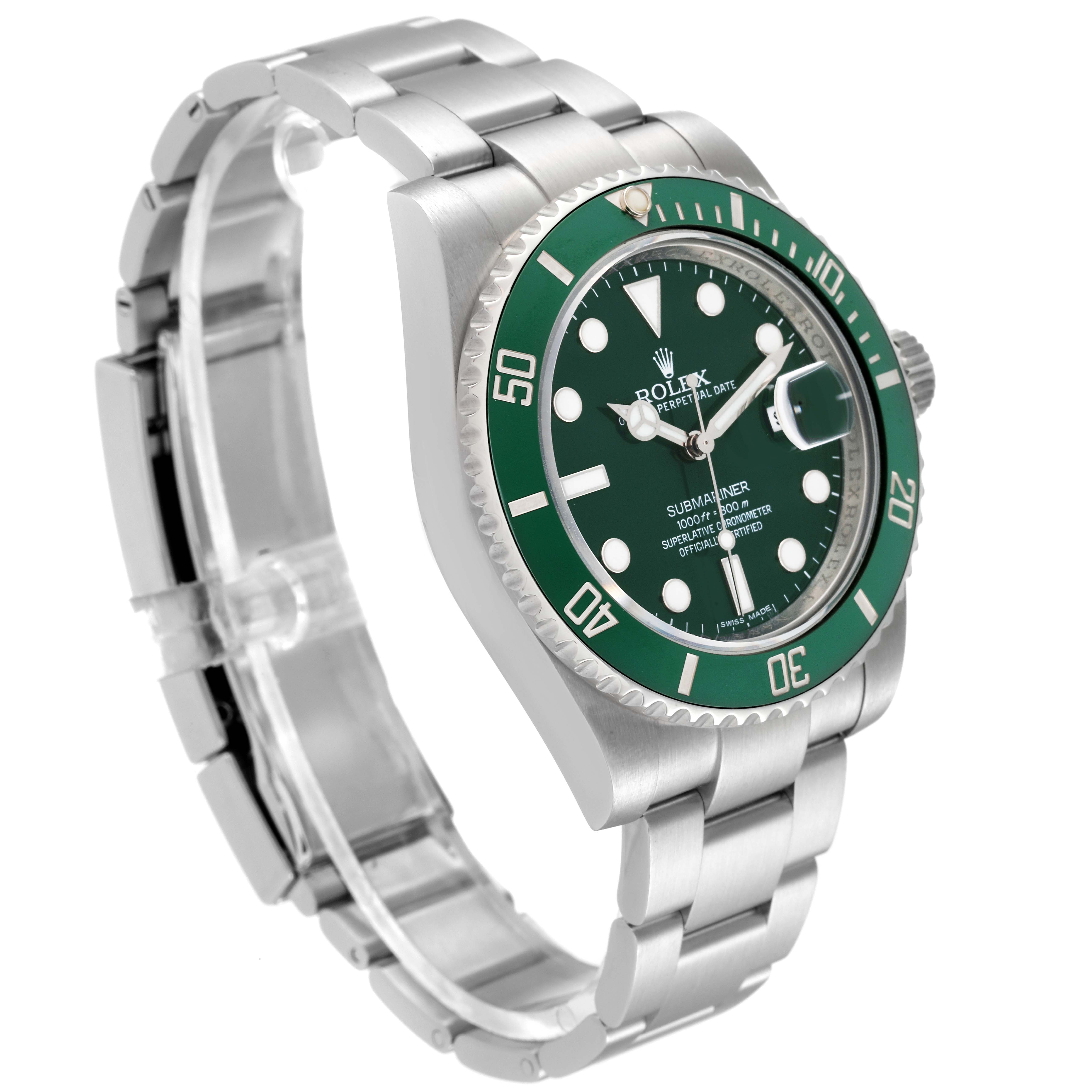 The image shows a side-angle view of a Rolex Submariner 116610LV Men
s Stainless Steel Green Dial 116610LV Men
s Stainless Steel Green Dial watch, displaying the bezel, face, and stainless steel bracelet.