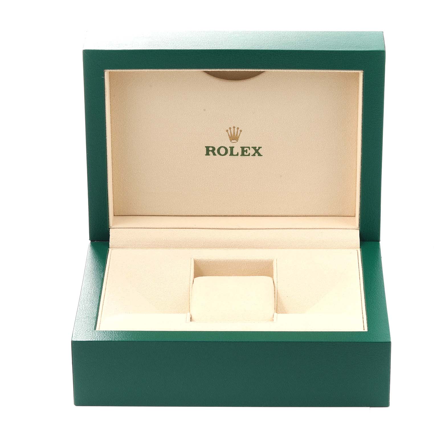 This is an open Rolex Submariner 116610LV Men
s Stainless Steel Green Dial 116610LV Men
s Stainless Steel Green Dial watch box, showing the inner display compartment and the brand logo.