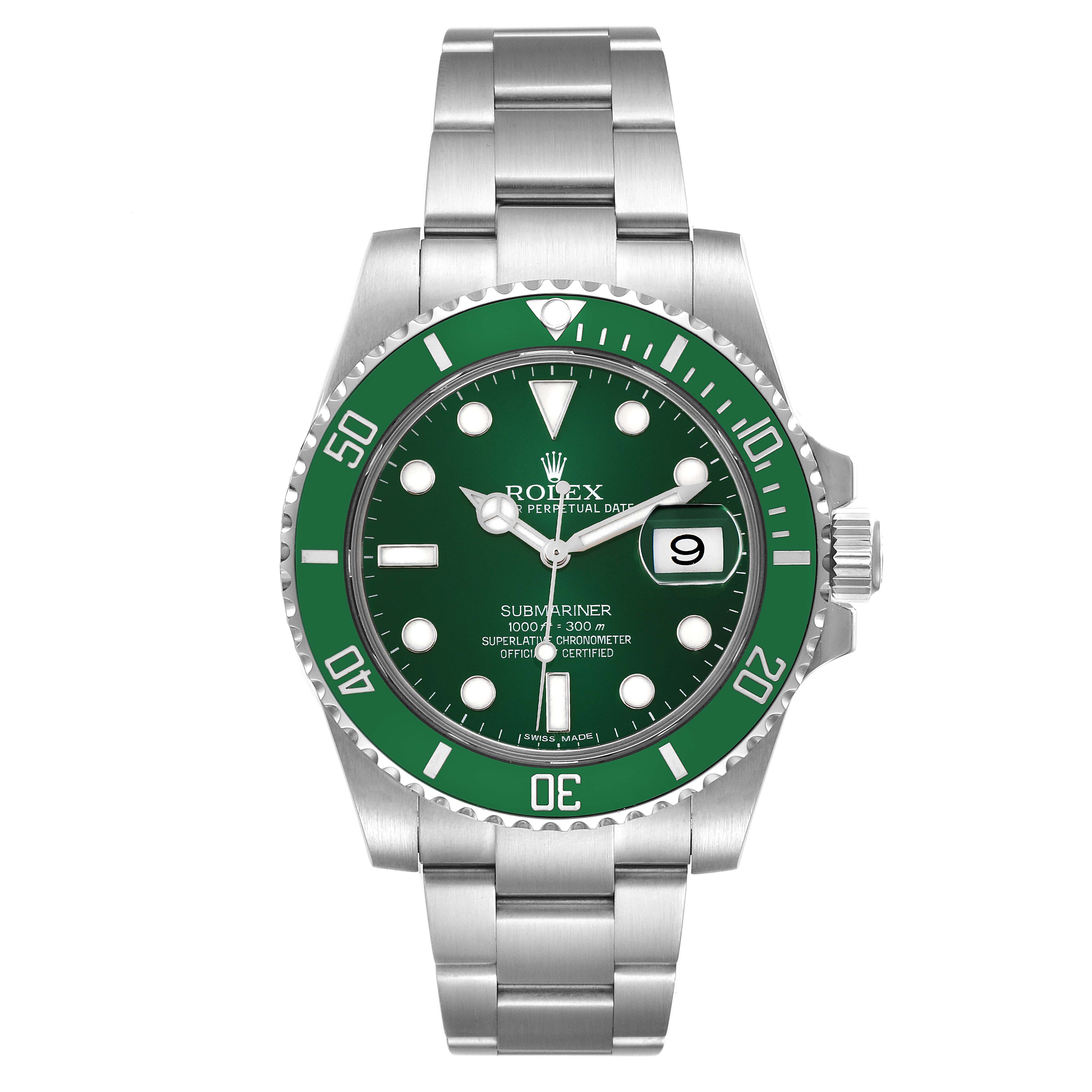 The image shows a front view of a Rolex Submariner 116610LV Men
s Stainless Steel Green Dial 116610LV Men
s Stainless Steel Green Dial watch with a green bezel and dial on a stainless steel bracelet.