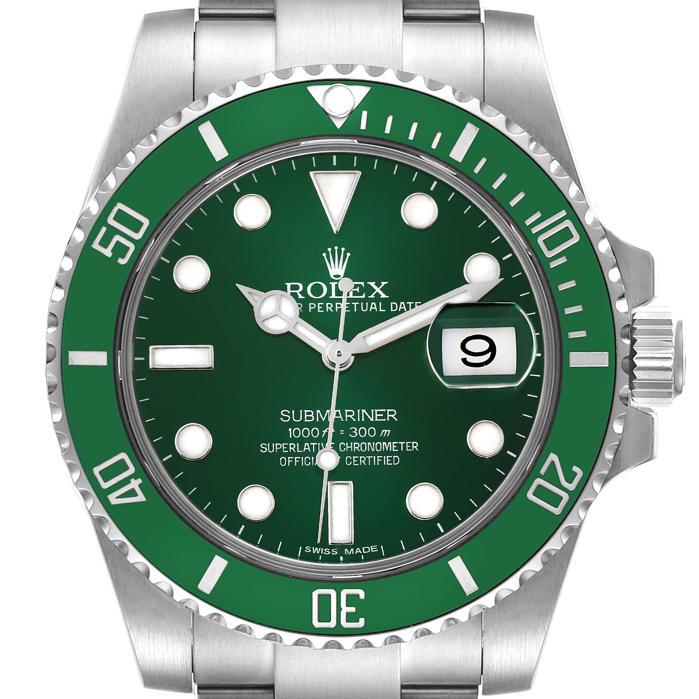 The image shows a front view of a Rolex Submariner 116610LV Men
s Stainless Steel Green Dial 116610LV Men
s Stainless Steel Green Dial watch, highlighting its green dial, bezel, and stainless steel bracelet.