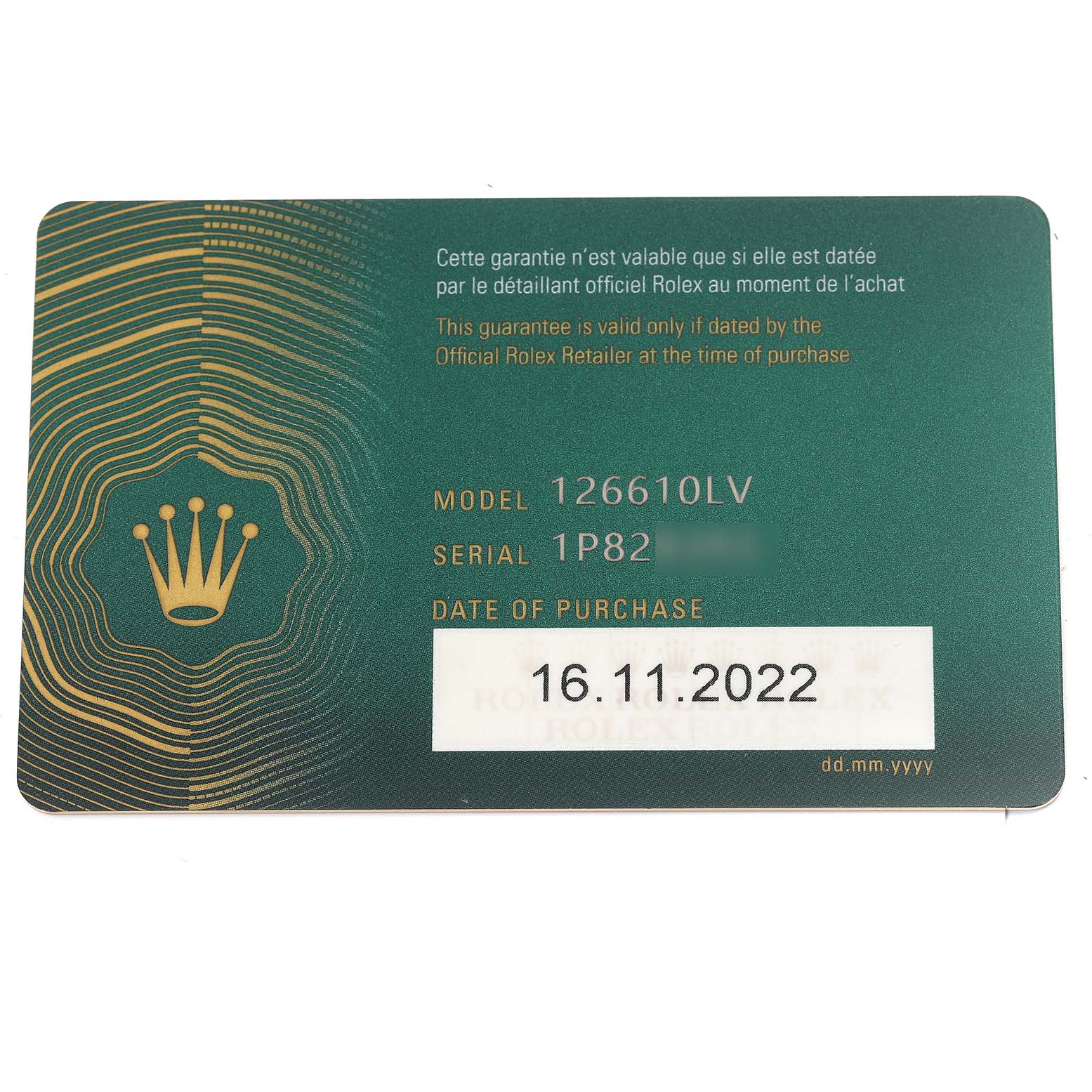 This shows a warranty card for the Rolex Submariner 126610LV Men's Stainless Steel Black Dial 126610LV Men's Stainless Steel Black Dial model 126610LV, including the serial number and date of purchase.