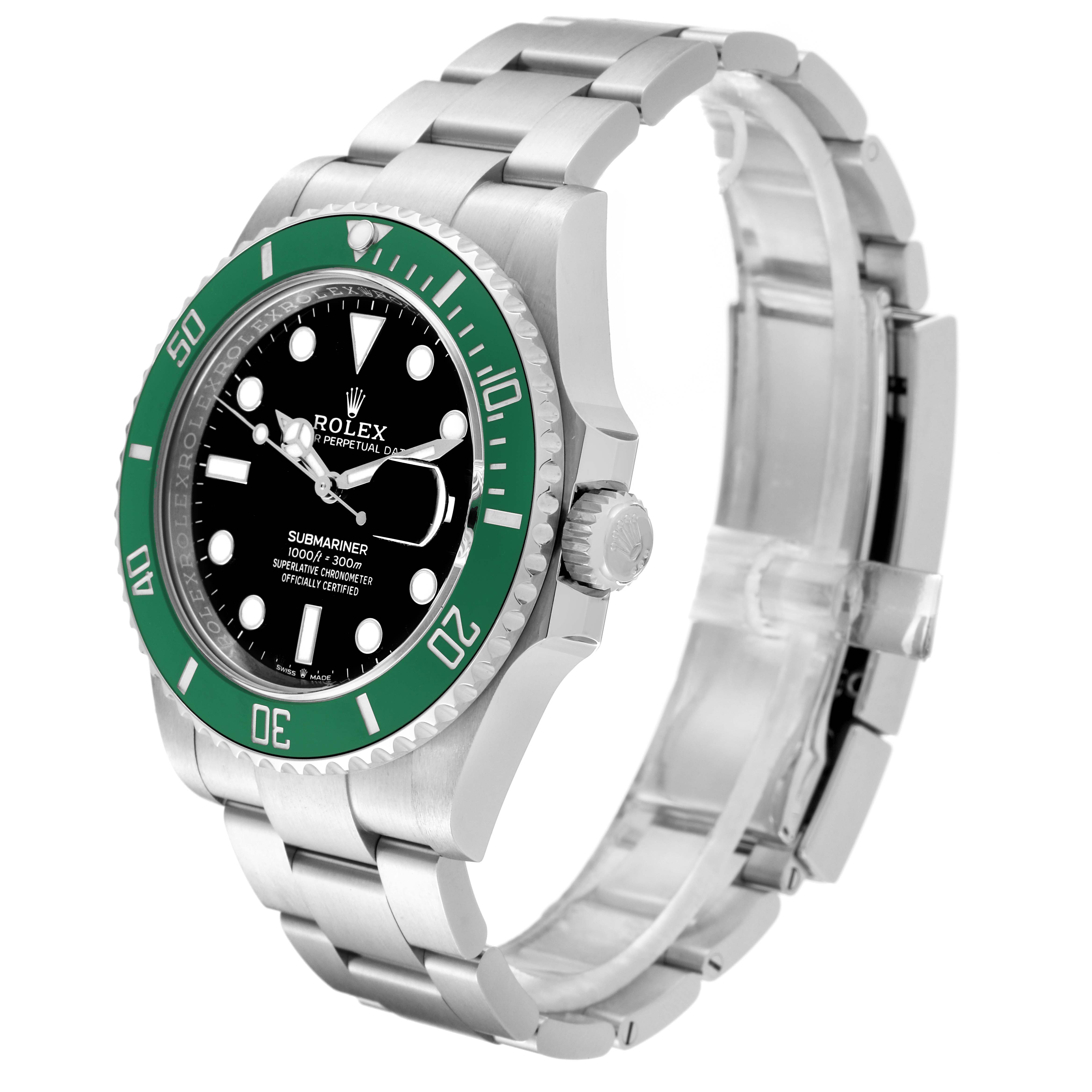 This image shows a Rolex Submariner 126610LV Men's Stainless Steel Black Dial 126610LV Men's Stainless Steel Black Dial watch from a left-side angle, highlighting the dial, bezel, crown, and bracelet.