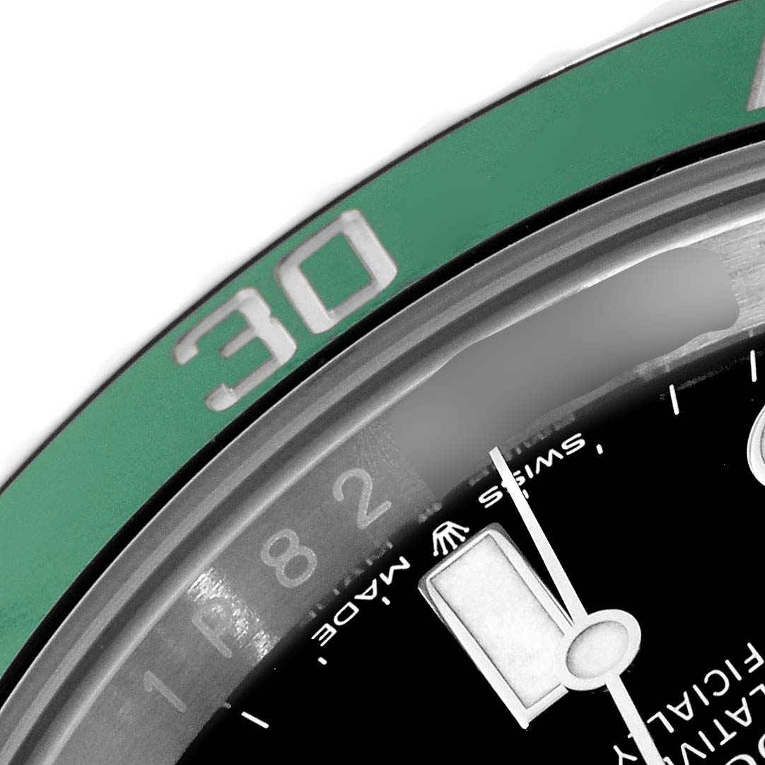 The image shows a close-up of the bezel and part of the dial of a Rolex Submariner 126610LV Men's Stainless Steel Black Dial 126610LV Men's Stainless Steel Black Dial watch, highlighting the "30" marker.