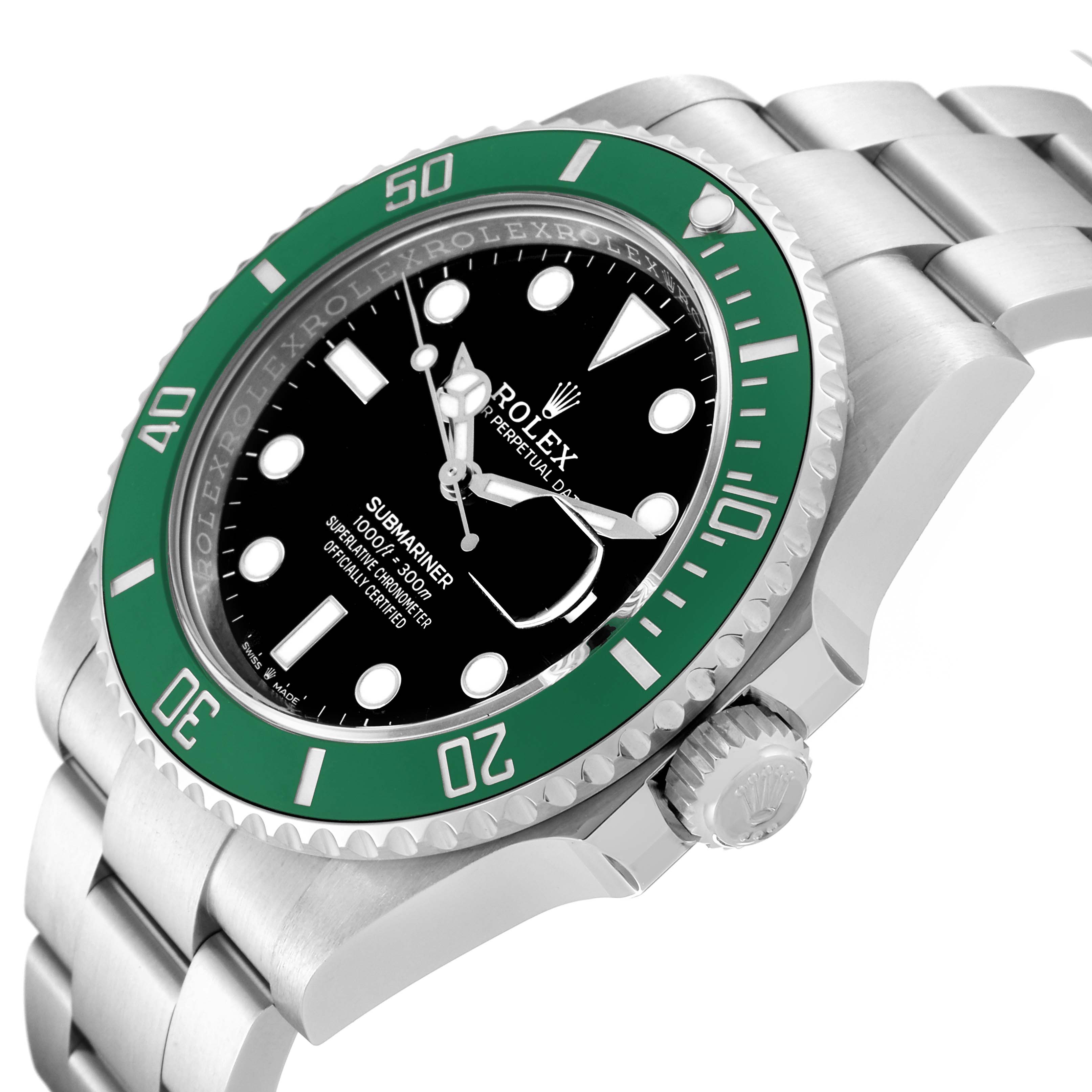 This Rolex Submariner 126610LV Men's Stainless Steel Black Dial 126610LV Men's Stainless Steel Black Dial watch is shown at an angled close-up, highlighting the green bezel, black dial, and bracelet.
