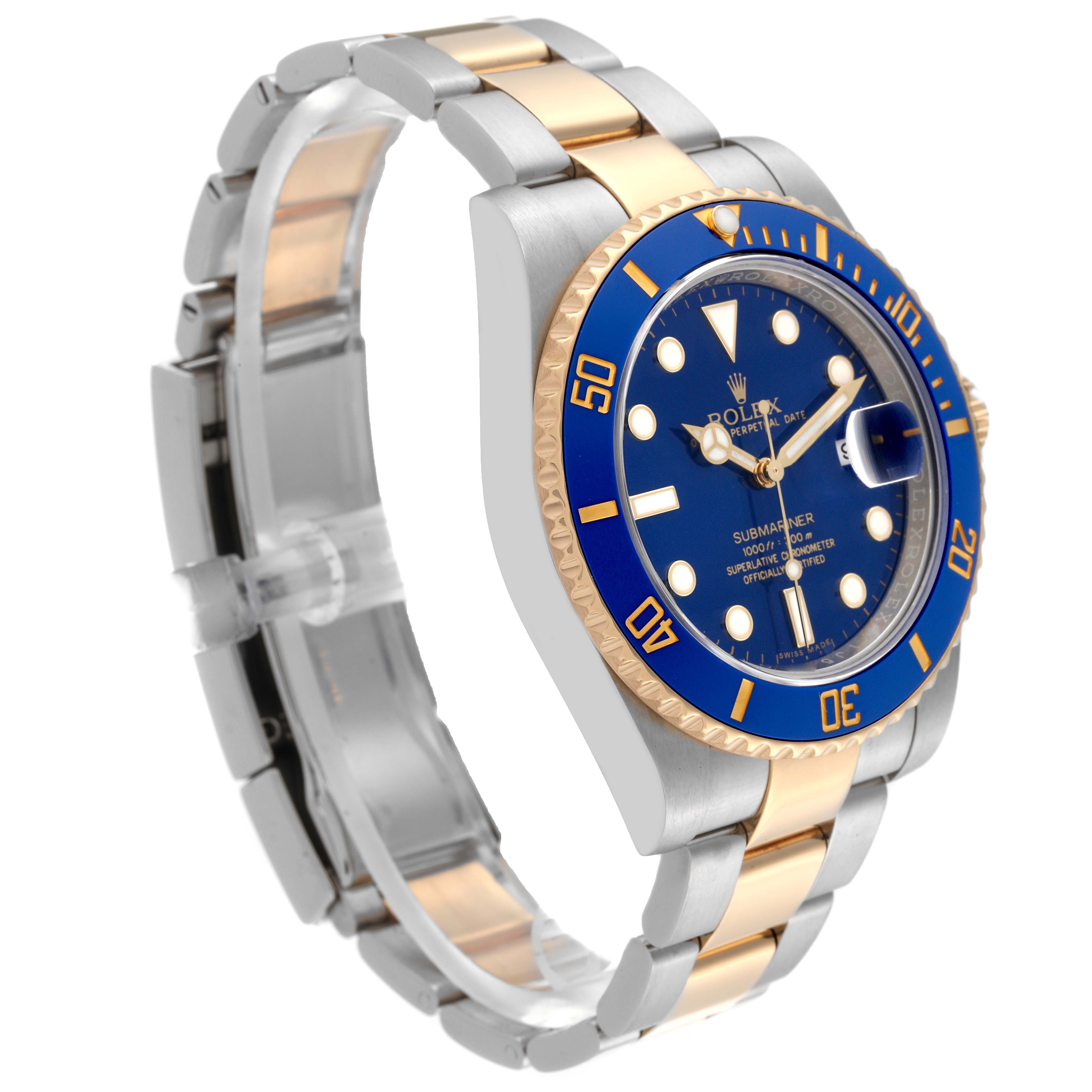 The image shows a side view of the Rolex Submariner 116613 Men's Steel and Gold (two tone) Blue Dial 116613 Men's Steel and Gold (two tone) Blue Dial watch, highlighting its band, case, bezel, and dial.