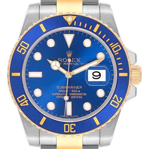 This image shows a frontal view of a Rolex Submariner watch, highlighting the blue bezel, dial, and gold accents.