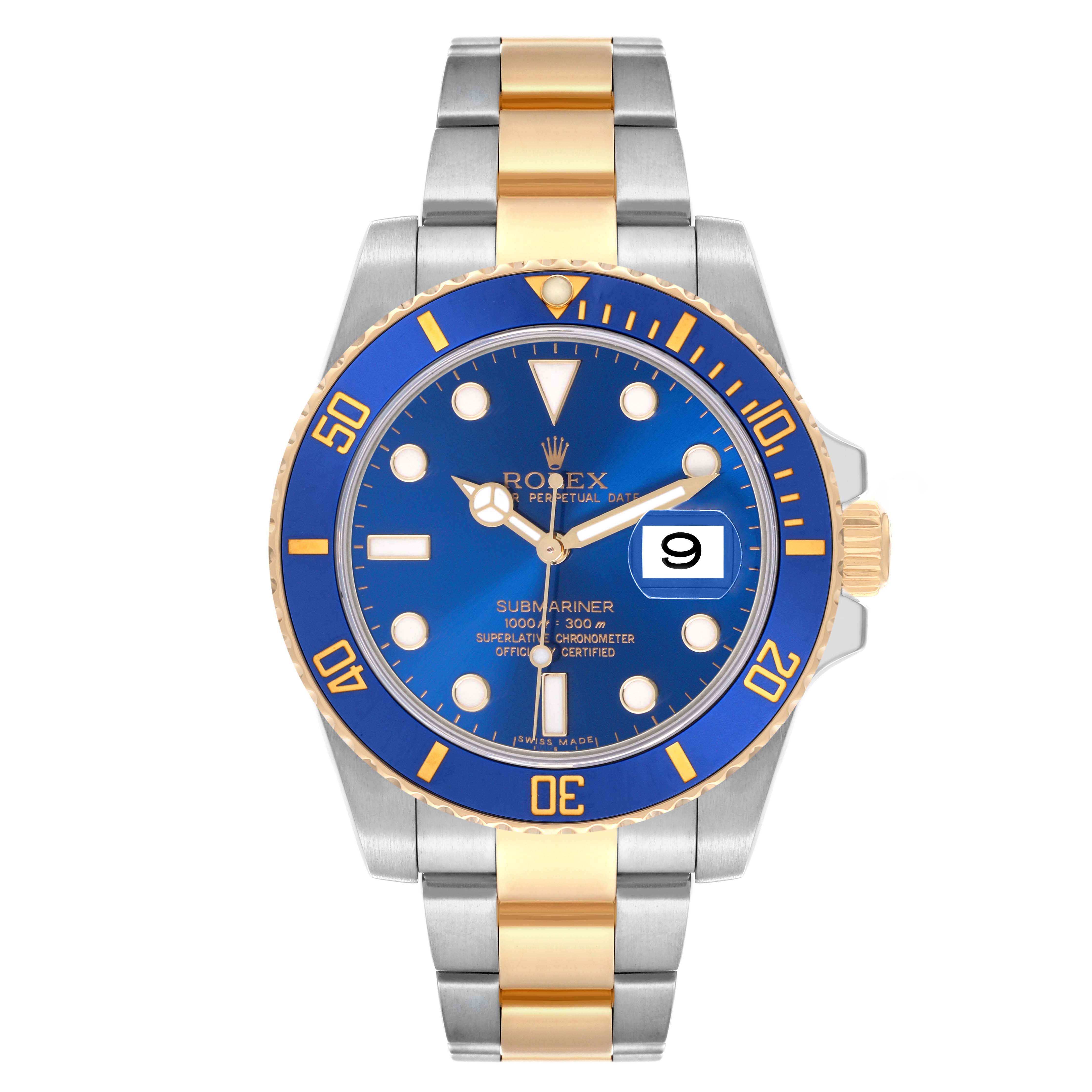This is a frontal view of a Rolex Submariner 116613 Men's Steel and Gold (two tone) Blue Dial 116613 Men's Steel and Gold (two tone) Blue Dial showing the dial, bezel, case, and bracelet.