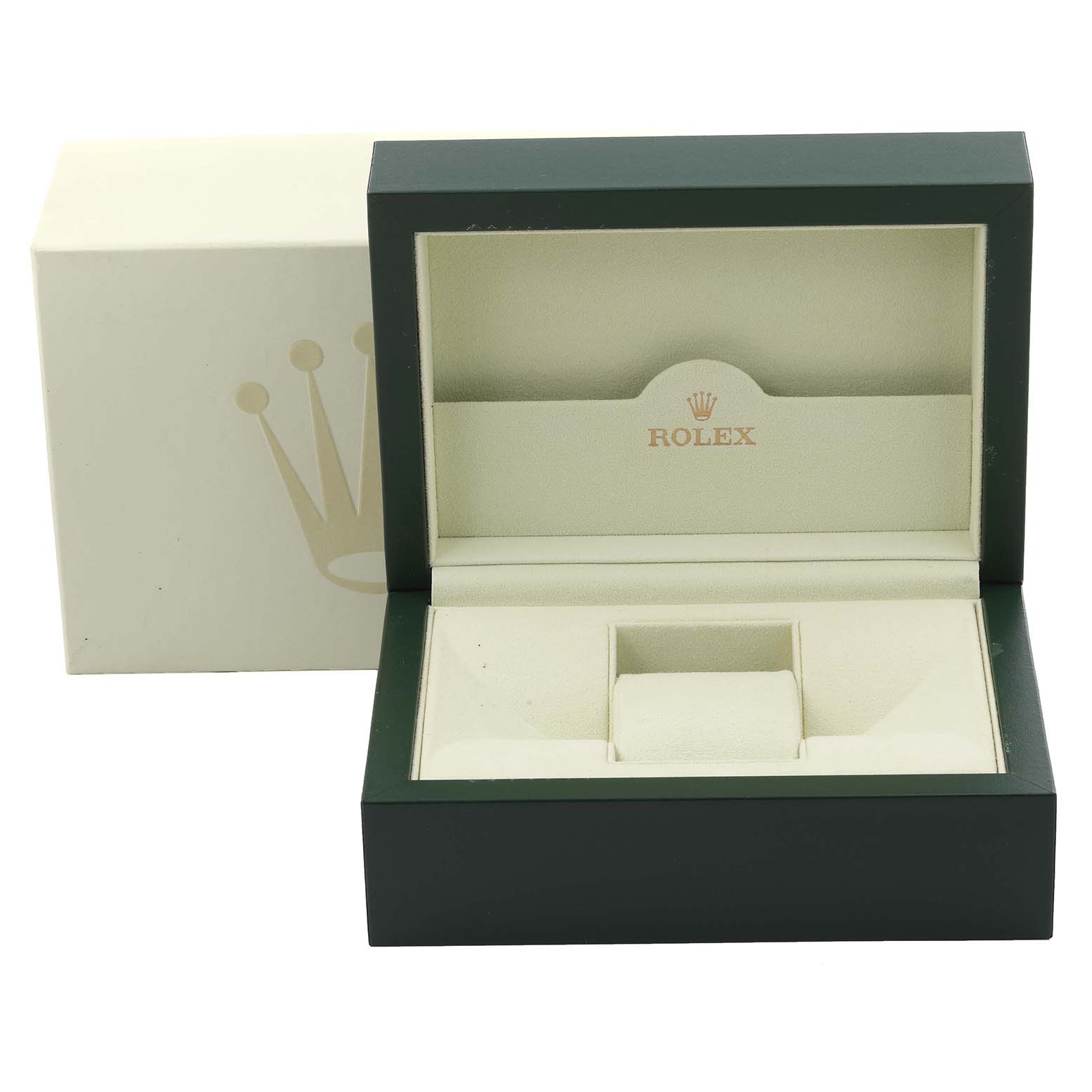 The image shows an open Rolex Submariner 116613 Men's Steel and Gold (two tone) Blue Dial 116613 Men's Steel and Gold (two tone) Blue Dial watch box at a front angle, highlighting the interior compartment and crown logo.