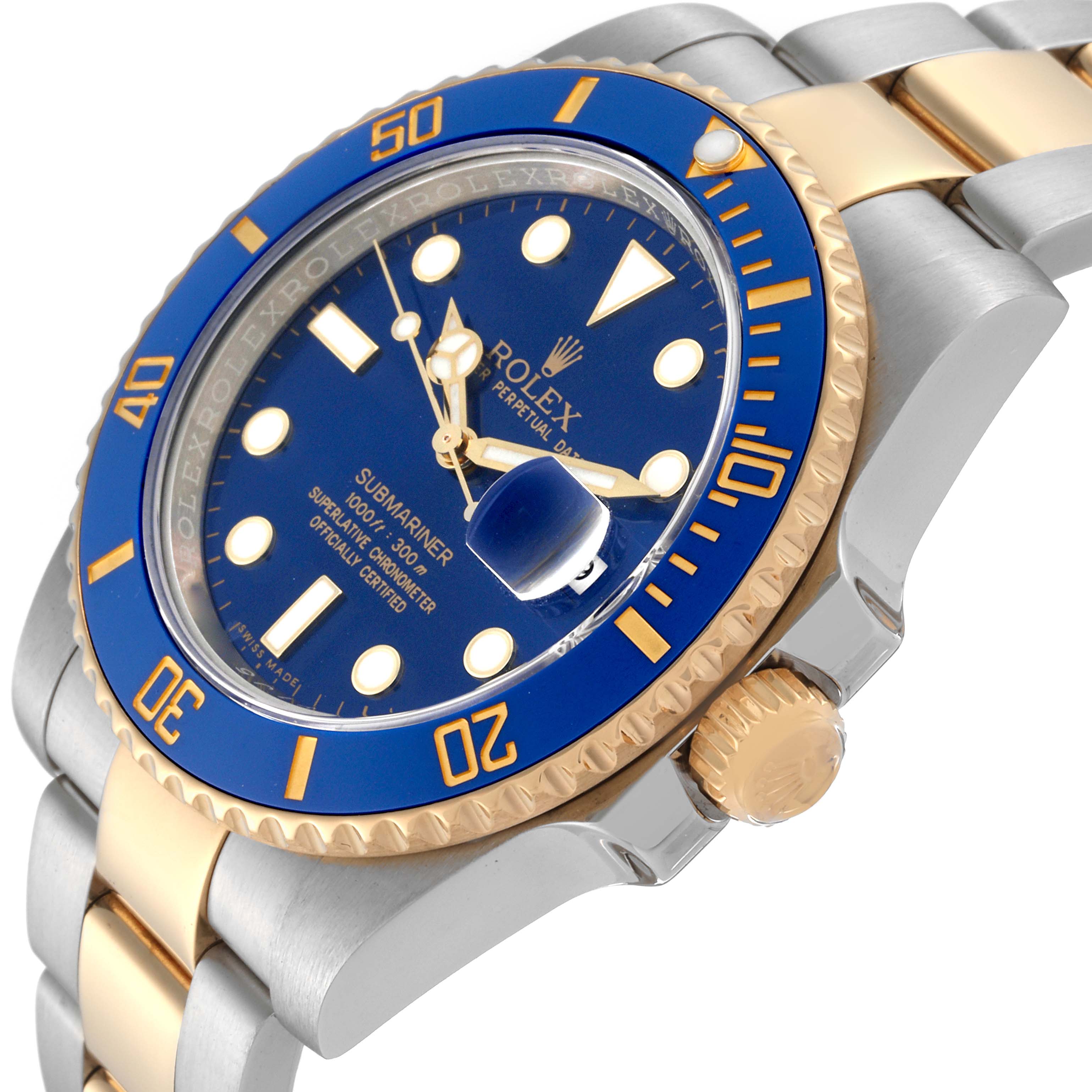 This image shows a close-up angled view of the Rolex Submariner 116613 Men's Steel and Gold (two tone) Blue Dial 116613 Men's Steel and Gold (two tone) Blue Dial watch, highlighting its blue dial, bezel, and two-tone bracelet.