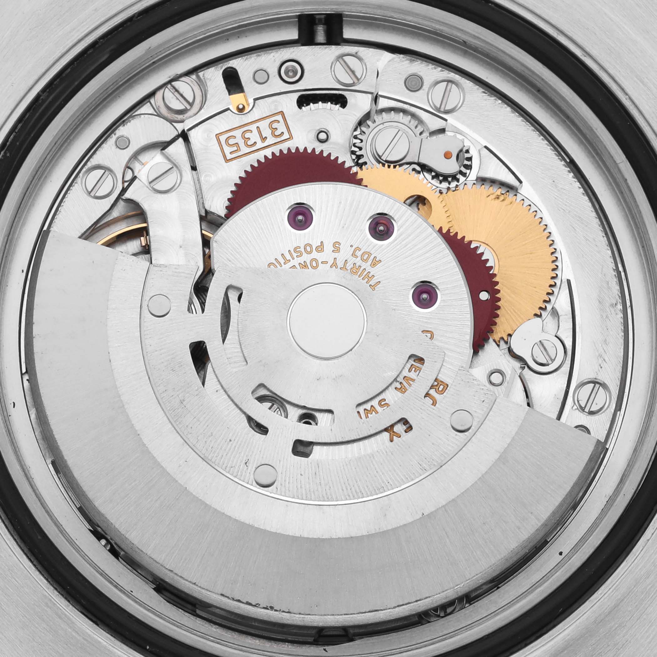 This image shows the internal movement mechanism of a Rolex Submariner 116613 Men's Steel and Gold (two tone) Blue Dial 116613 Men's Steel and Gold (two tone) Blue Dial watch from a top-down angle.