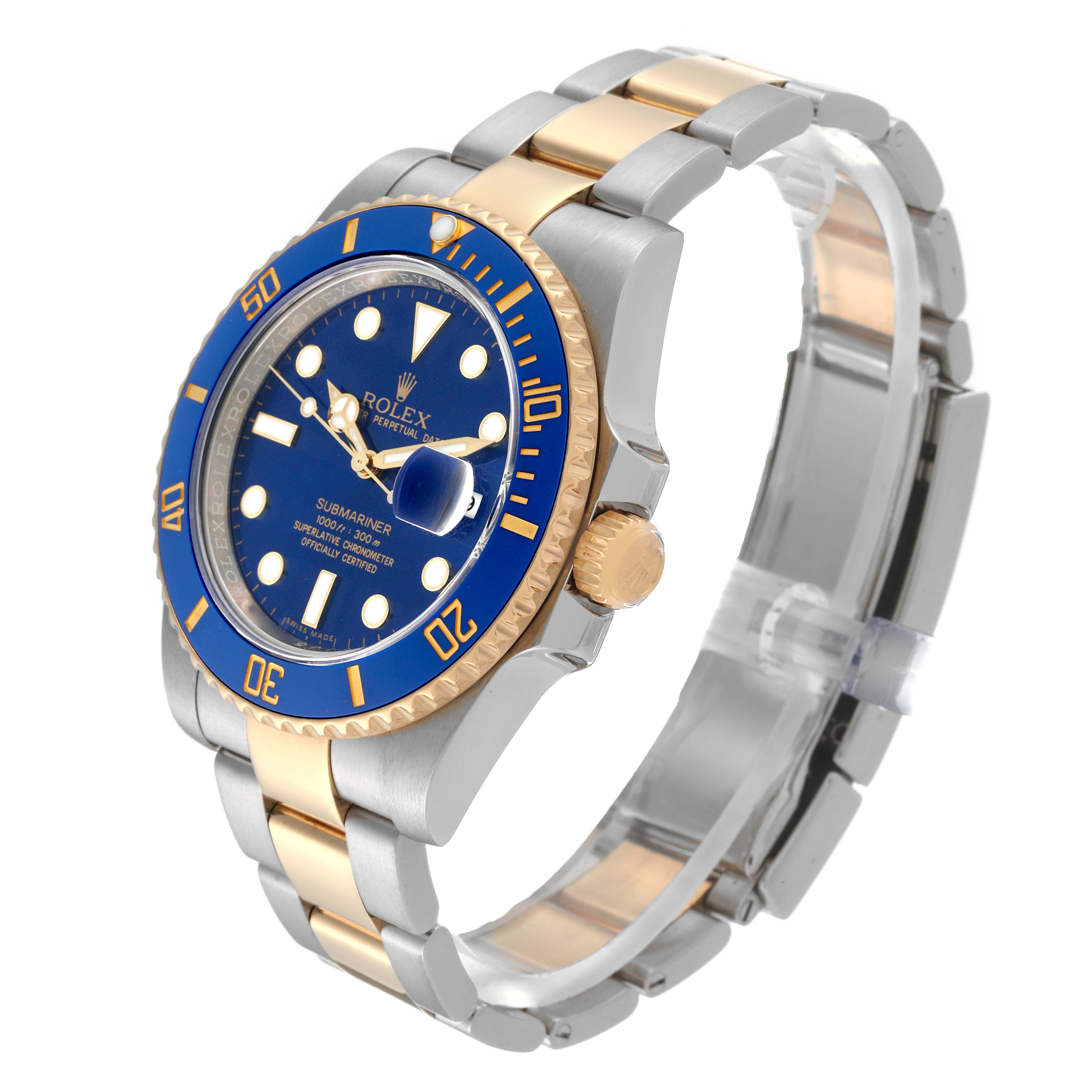 This image shows a Rolex Submariner 116613 Men's Steel and Gold (two tone) Blue Dial 116613 Men's Steel and Gold (two tone) Blue Dial watch at an angled view, highlighting its blue dial, two-tone bracelet, and gold bezel.