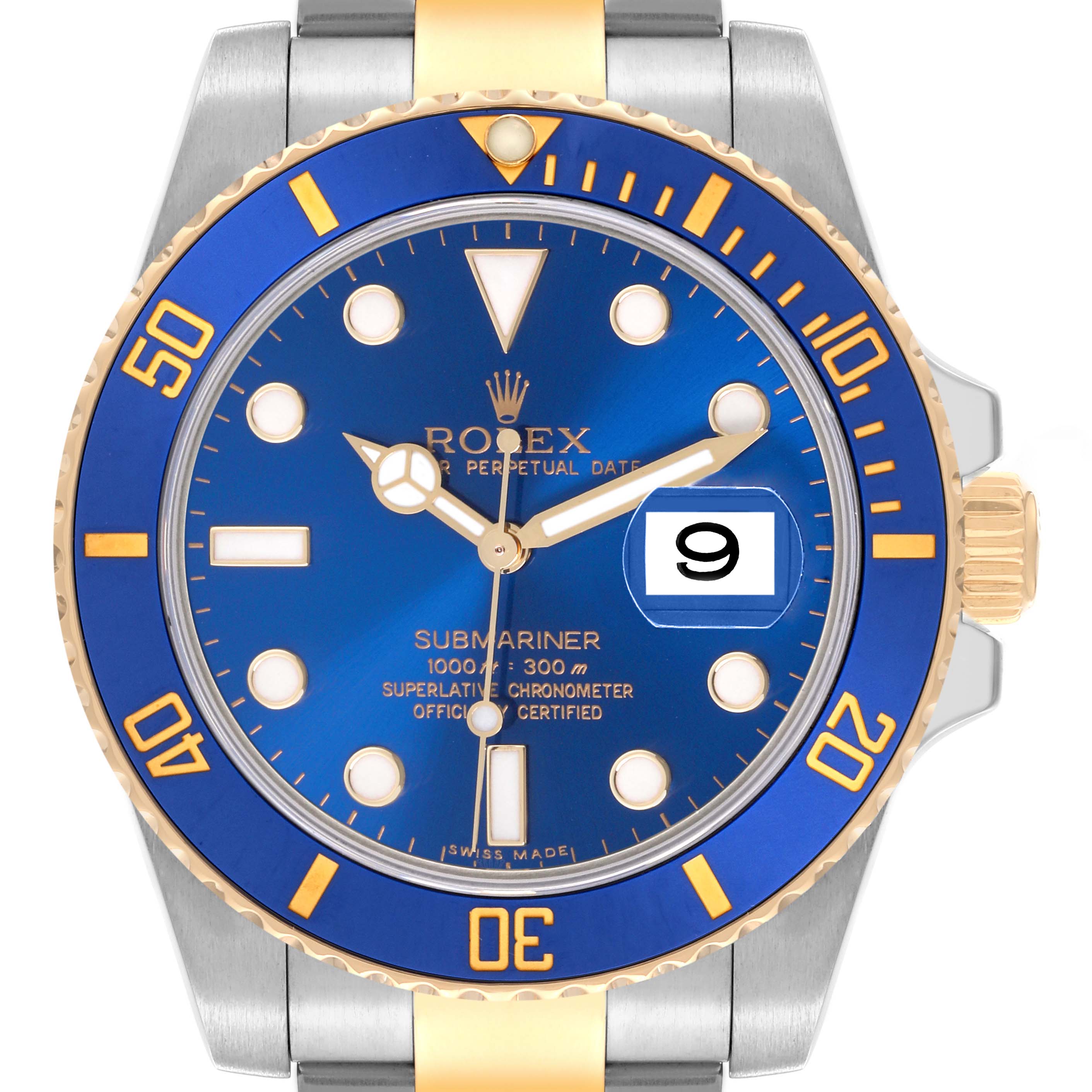This image shows a close-up, front view of a Rolex Submariner 116613 Men's Steel and Gold (two tone) Blue Dial 116613 Men's Steel and Gold (two tone) Blue Dial watch, highlighting the dial, bezel, and bracelet.