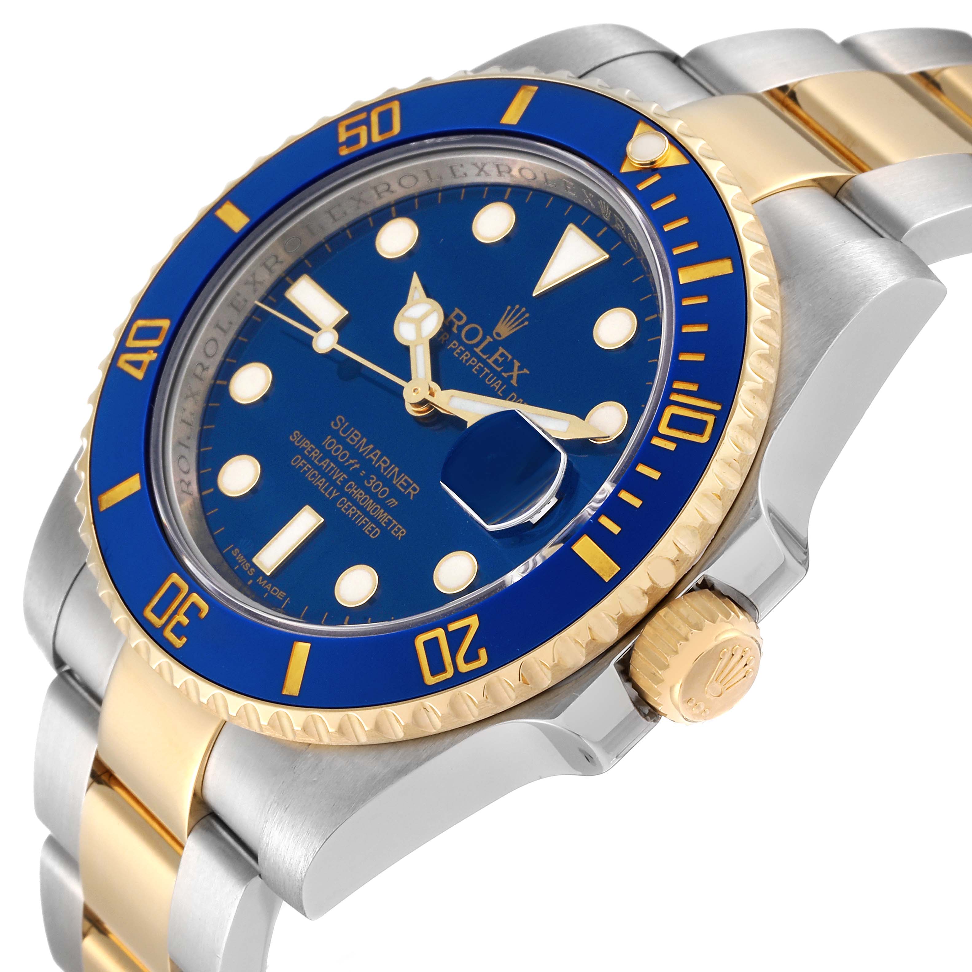 The image shows a close-up angle of a Rolex Submariner 116613 Men's Steel and Gold (two tone) Blue Dial 116613 Men's Steel and Gold (two tone) Blue Dial watch, highlighting the bezel, crown, dial, and part of the bracelet.