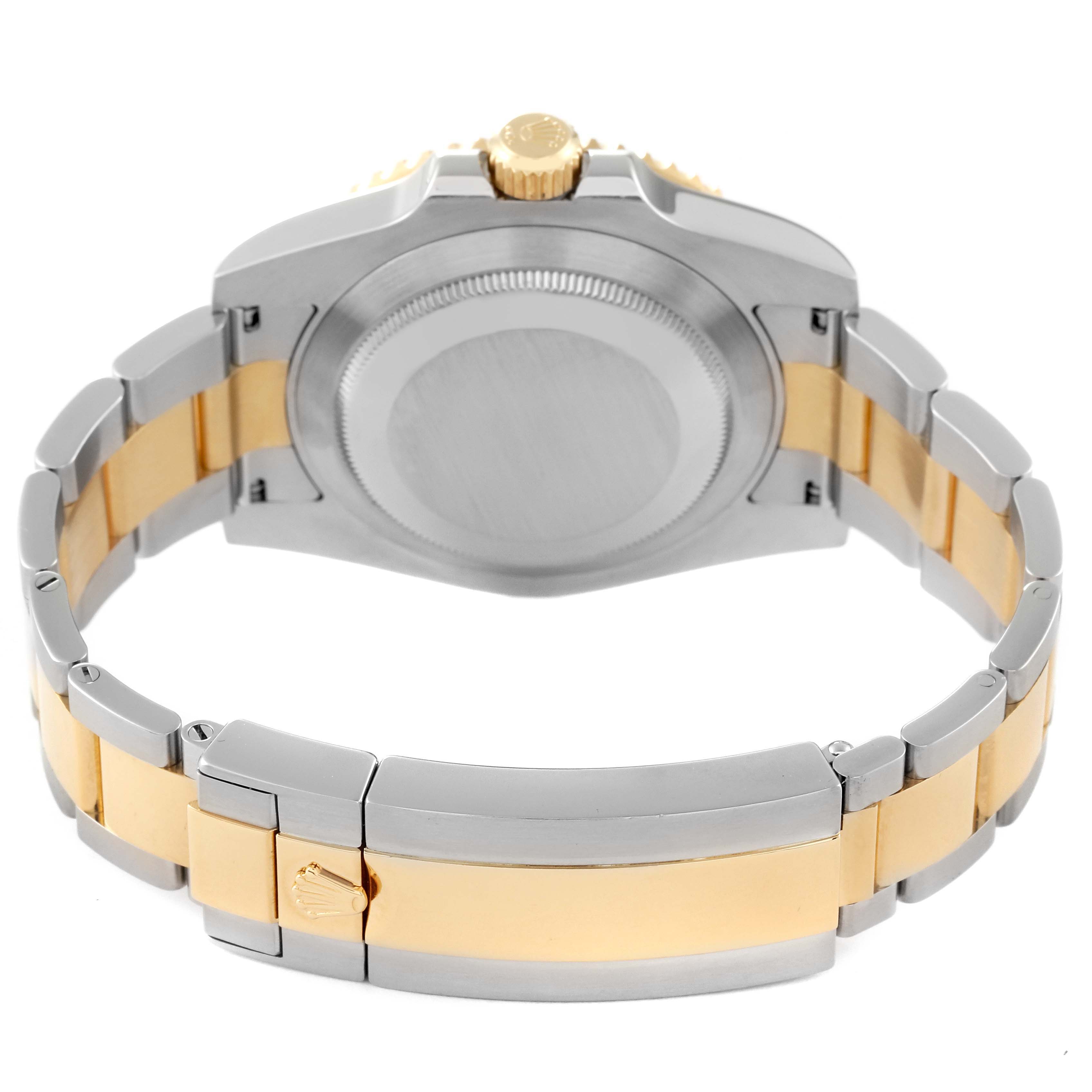 This image shows the back case and bracelet of a Rolex Submariner 116613 Men's Steel and Gold (two tone) Blue Dial 116613 Men's Steel and Gold (two tone) Blue Dial watch, highlighting the bi-metal links and clasp.