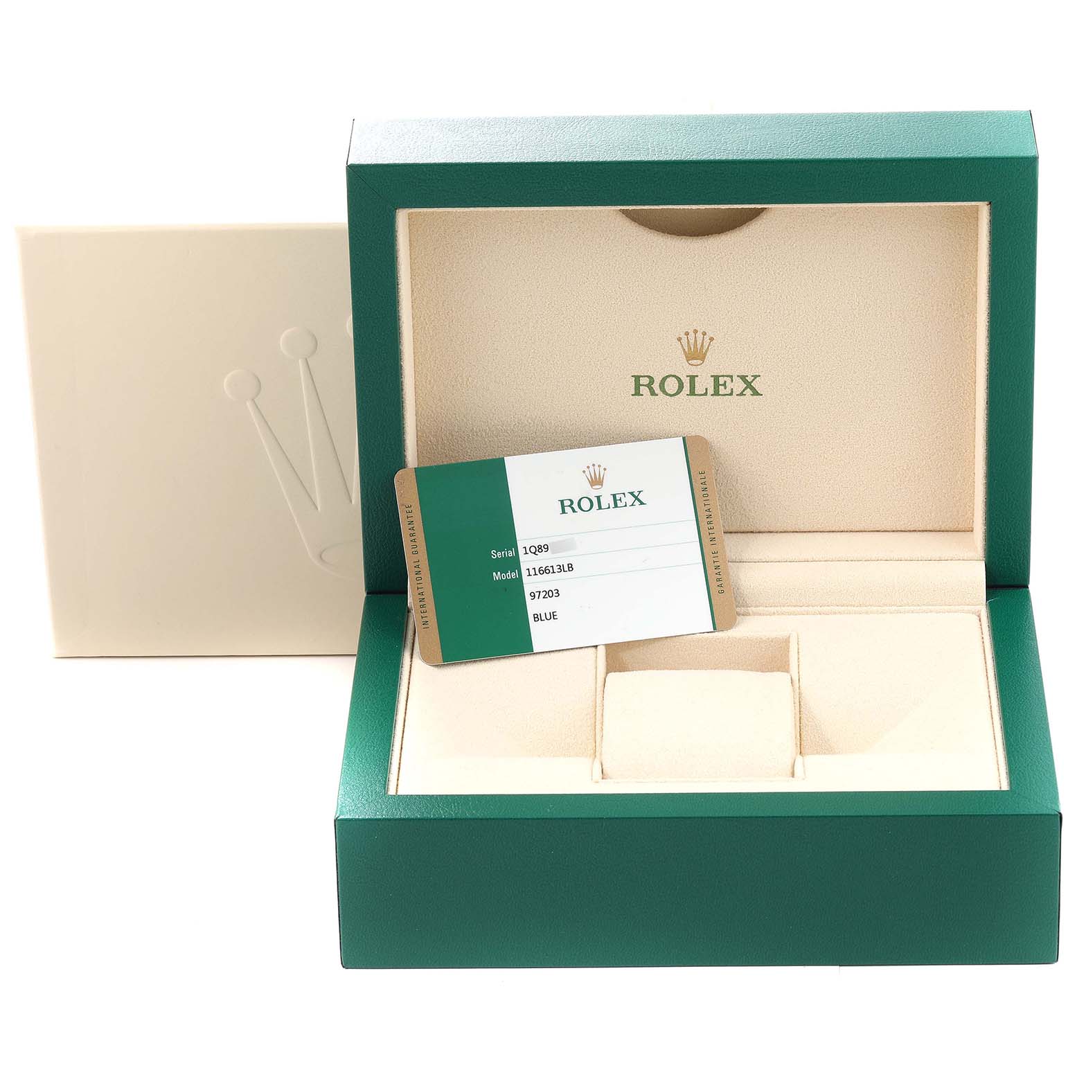 The image shows the packaging, certificate, and case for a Rolex Submariner 116613 Men's Steel and Gold (two tone) Blue Dial 116613 Men's Steel and Gold (two tone) Blue Dial watch.