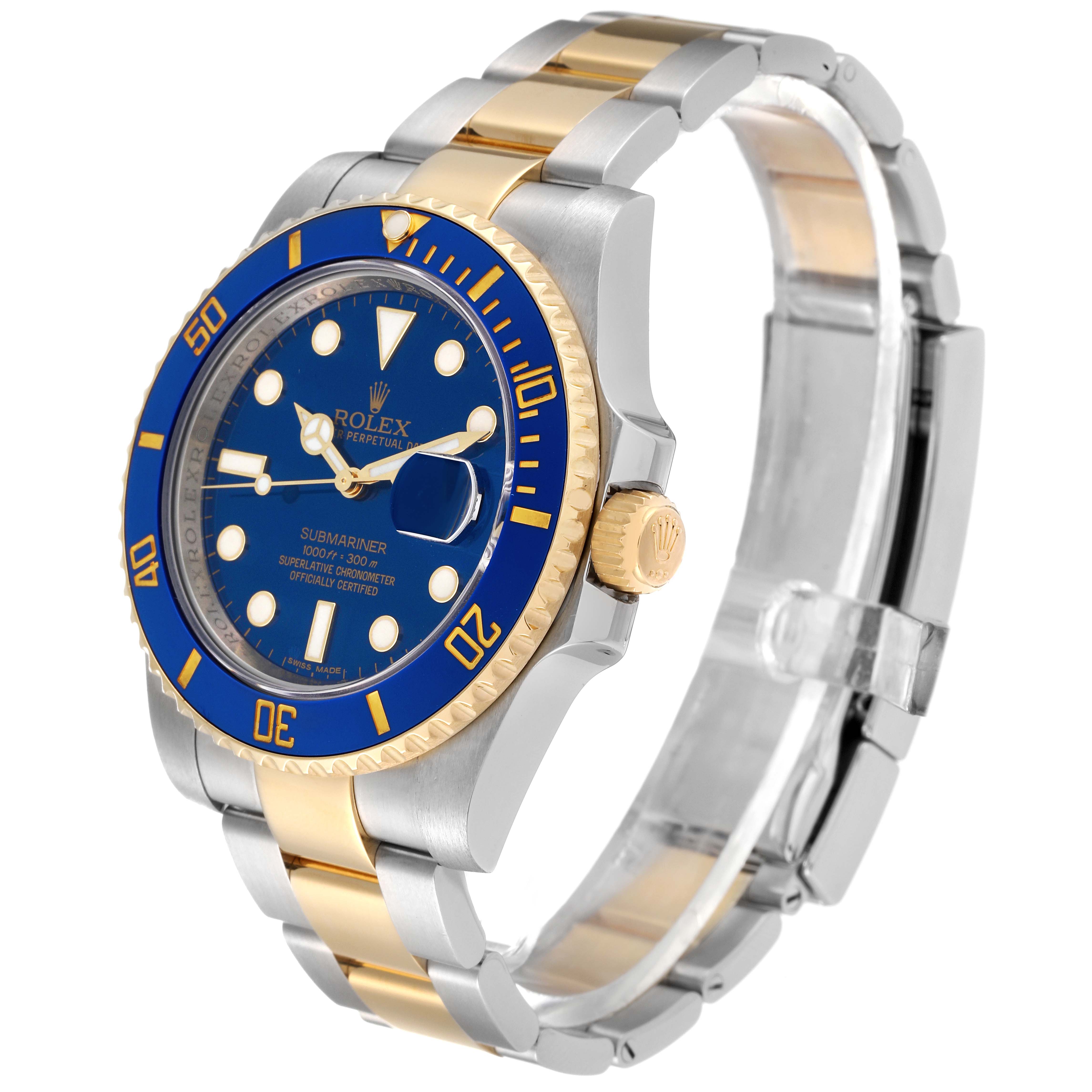 This is a side angle of the Rolex Submariner 116613 Men's Steel and Gold (two tone) Blue Dial 116613 Men's Steel and Gold (two tone) Blue Dial watch showing the face, bezel, and part of the bracelet.