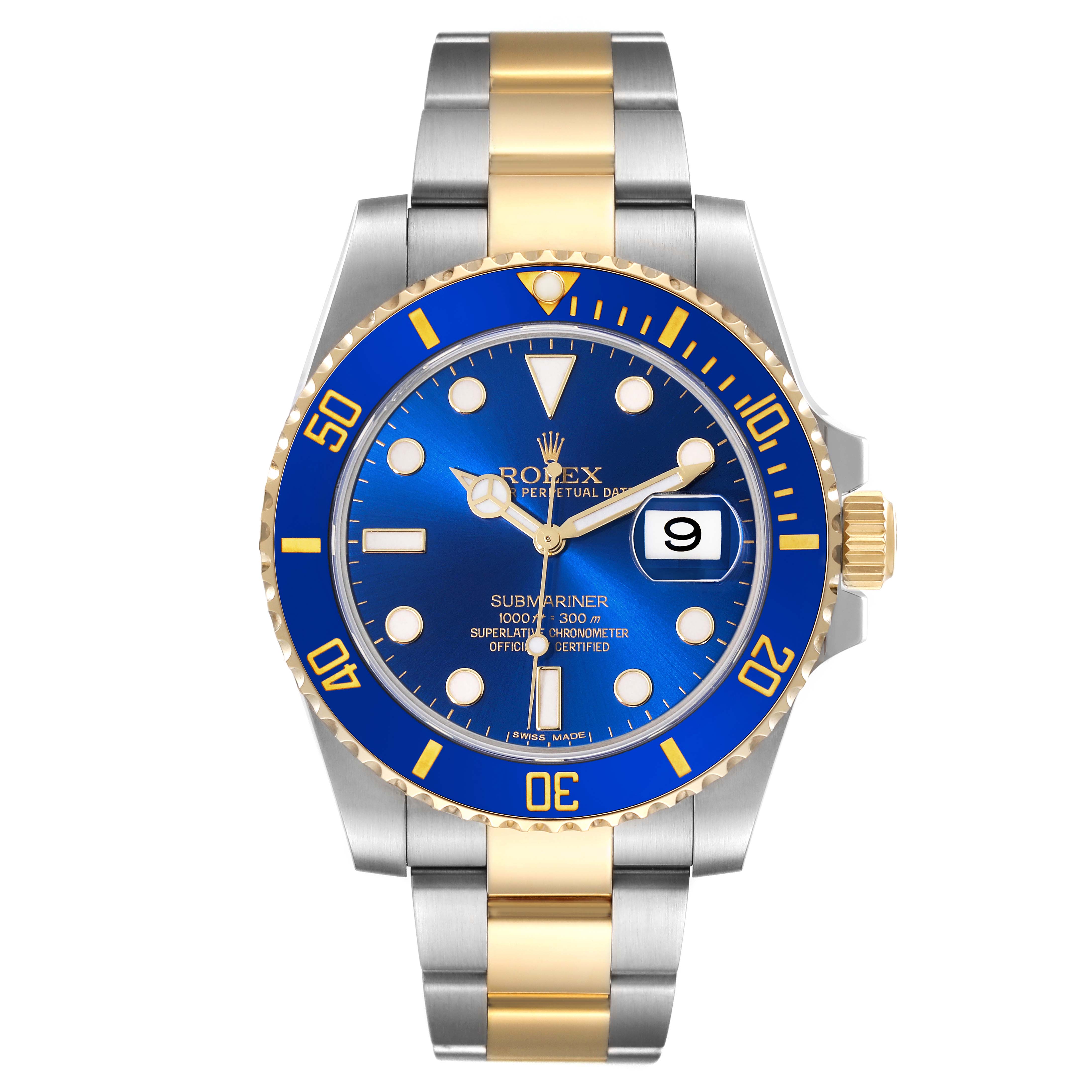 This image shows a front view of a Rolex Submariner 116613 Men's Steel and Gold (two tone) Blue Dial 116613 Men's Steel and Gold (two tone) Blue Dial watch with a blue dial, blue and gold bezel, and a two-tone bracelet.