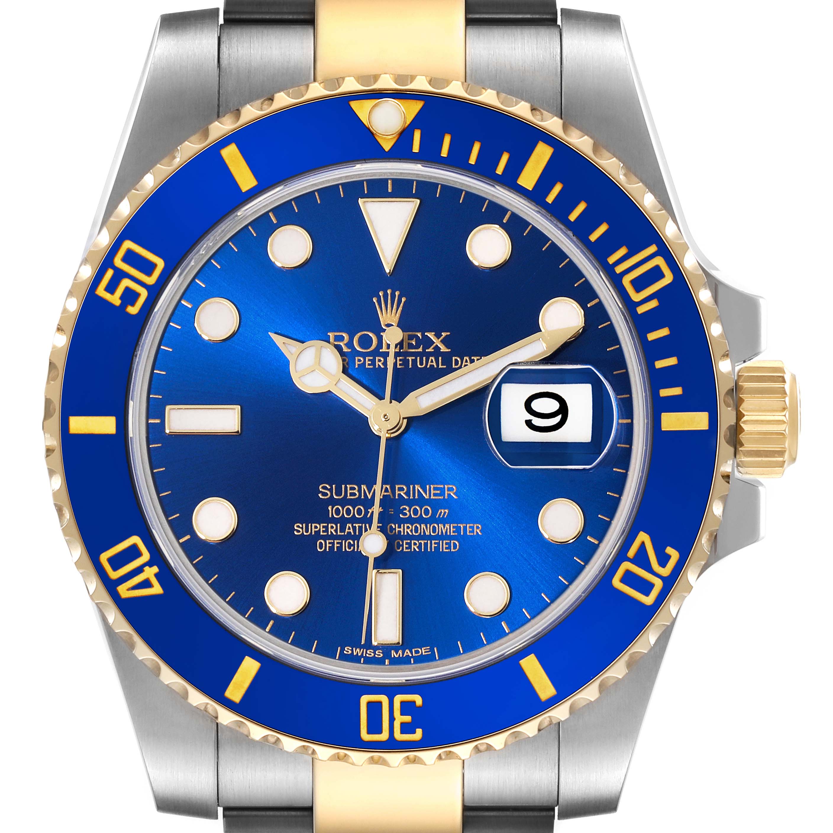 The image shows a frontal view of the Rolex Submariner 116613 Men's Steel and Gold (two tone) Blue Dial 116613 Men's Steel and Gold (two tone) Blue Dial watch, highlighting its blue dial, bezel, and gold accents.