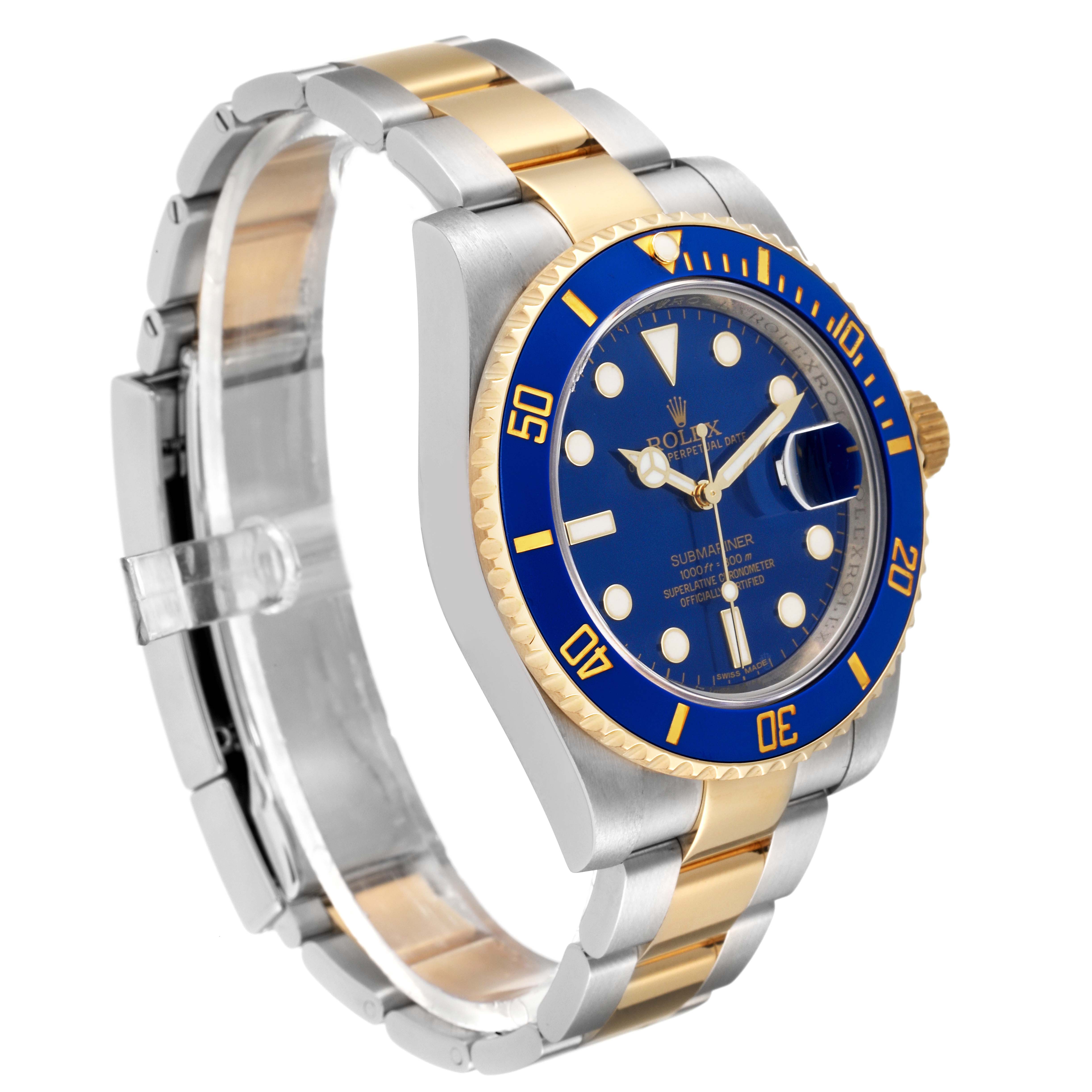 This image shows a side-angle view of a Rolex Submariner 116613 Men's Steel and Gold (two tone) Blue Dial 116613 Men's Steel and Gold (two tone) Blue Dial watch, highlighting its blue dial, bezel, and two-tone metal bracelet.