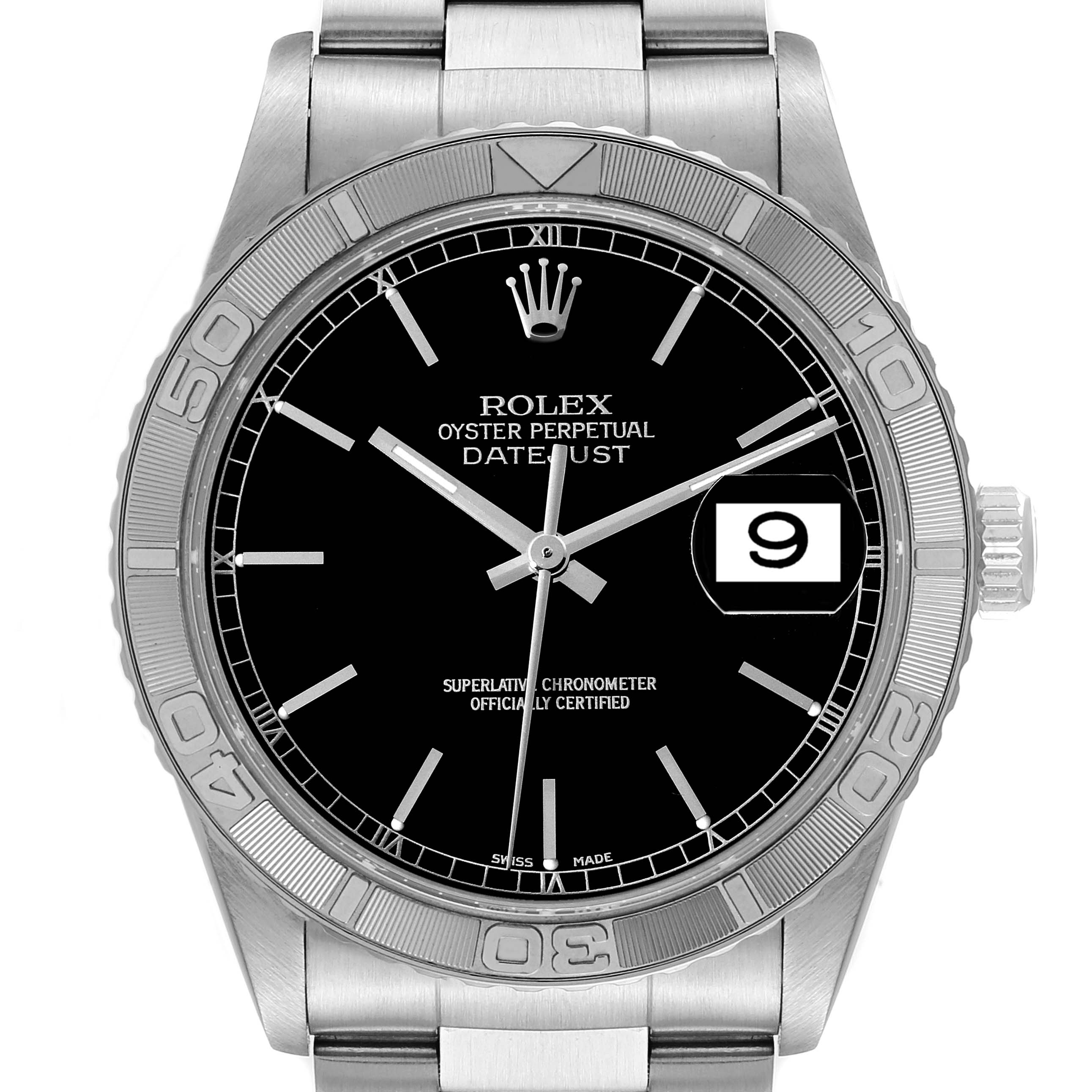 This image shows the front view of a Rolex Turn-o-Graph 16264 Men
s Stainless Steel Black Dial 16264 Men
s Stainless Steel Black Dial watch, displaying the face, bezel, and part of the bracelet.