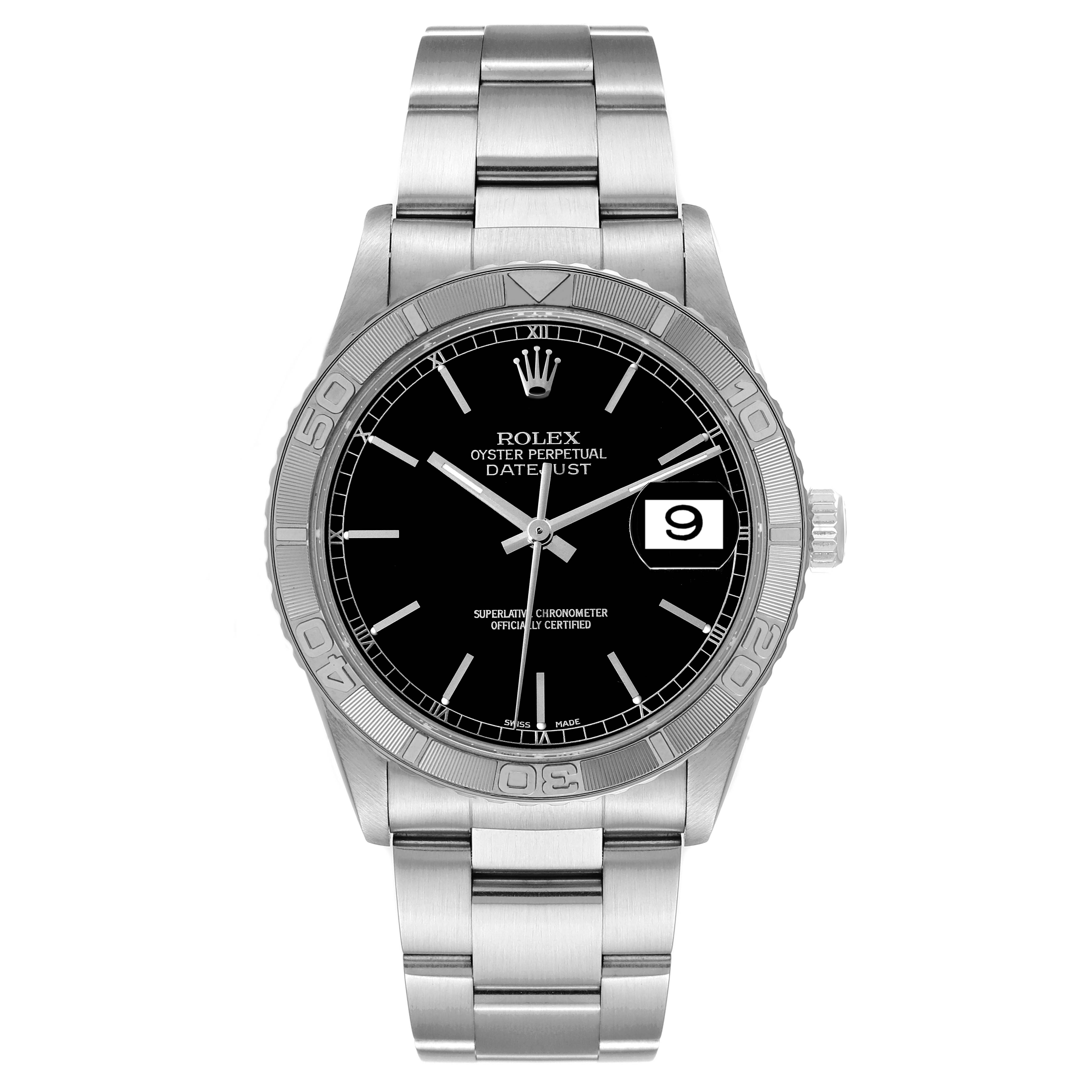 This is a front-facing view of the Rolex Turn-o-Graph 16264 Men
s Stainless Steel Black Dial 16264 Men
s Stainless Steel Black Dial watch showing the dial, bezel, bracelet, and crown.