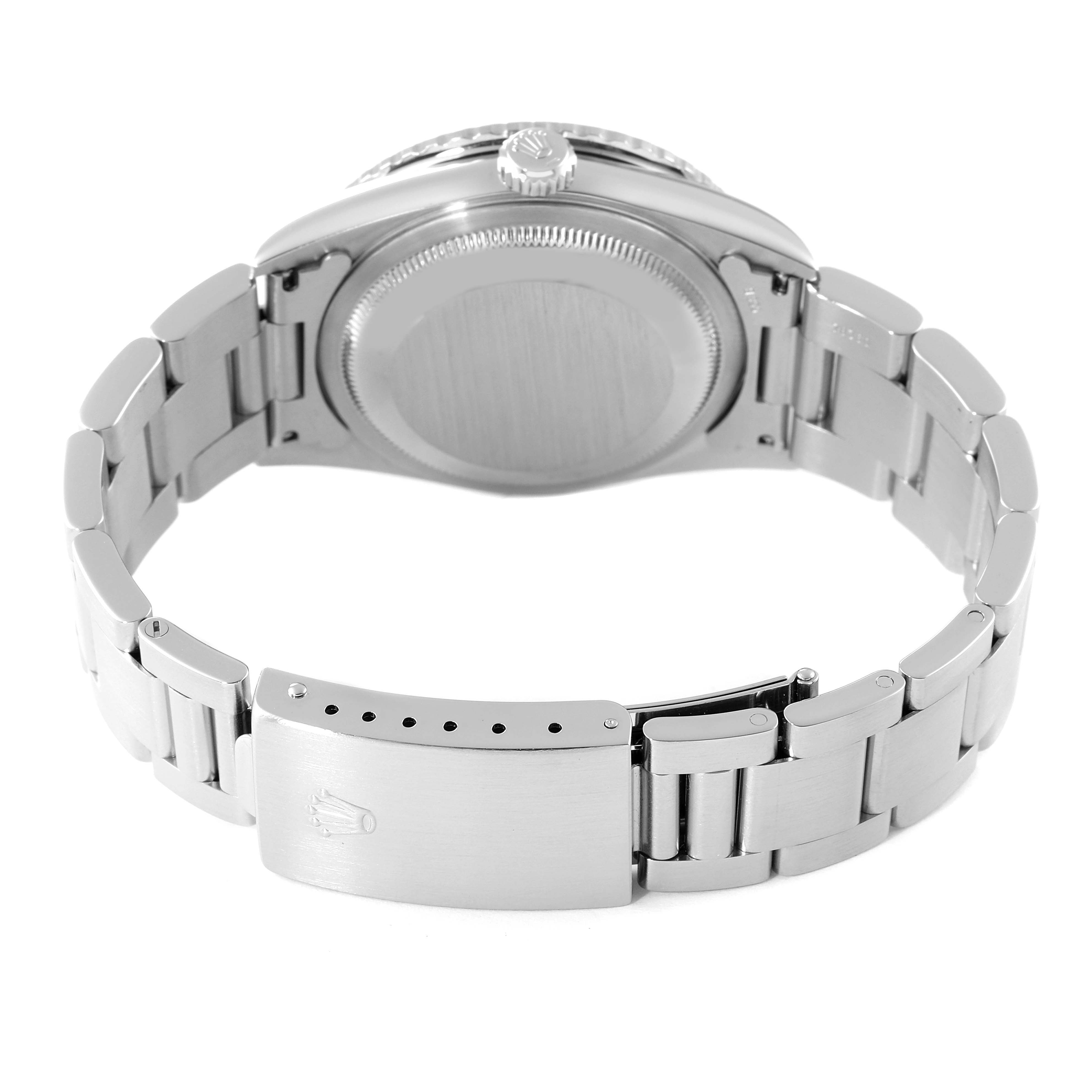 The image shows the back of a Rolex Turn-o-Graph 16264 Men
s Stainless Steel Black Dial 16264 Men
s Stainless Steel Black Dial watch, highlighting the case back, crown, and metal bracelet with the clasp open.