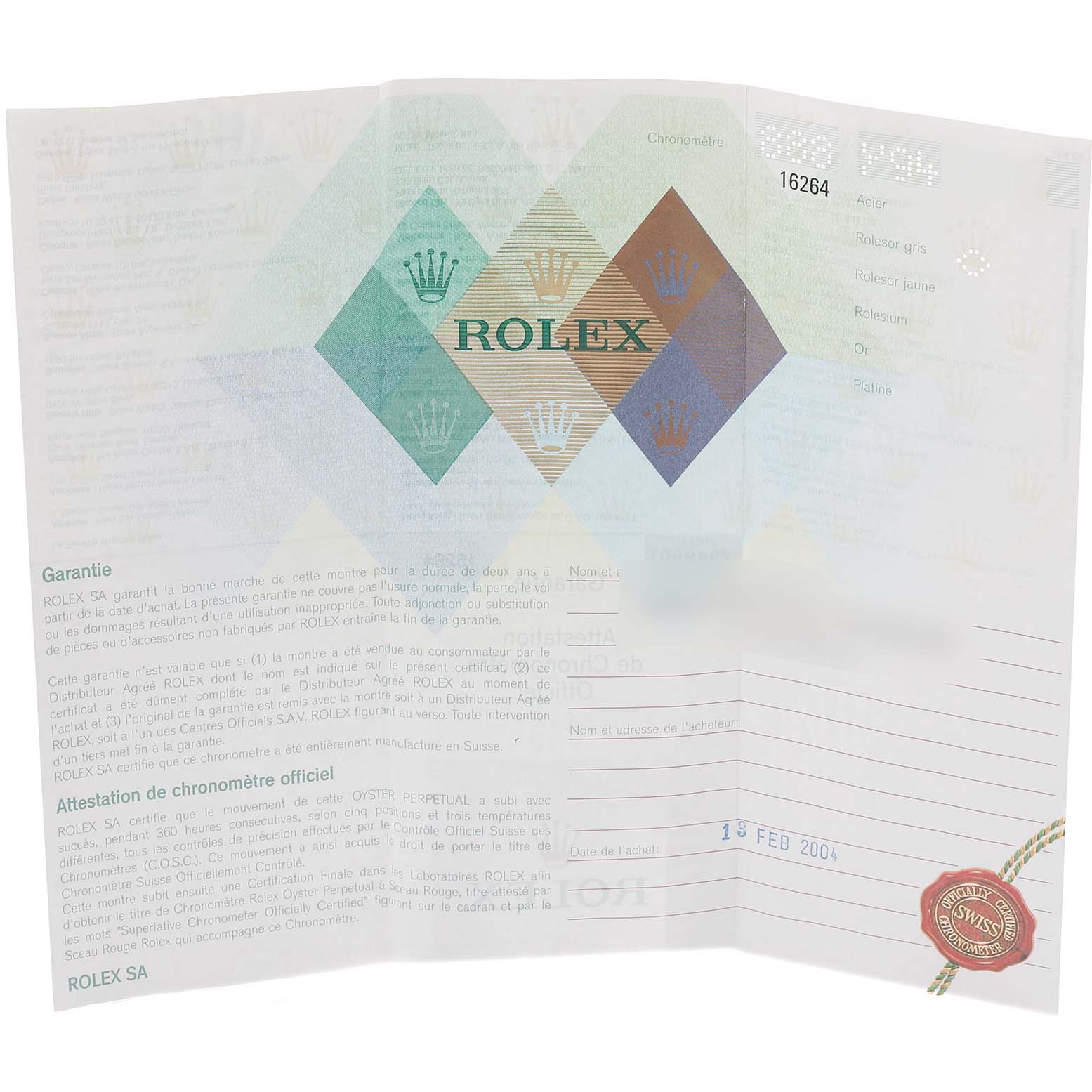 This image shows the warranty and certification document for the Rolex Turn-o-Graph 16264 Men
s Stainless Steel Black Dial 16264 Men
s Stainless Steel Black Dial model.