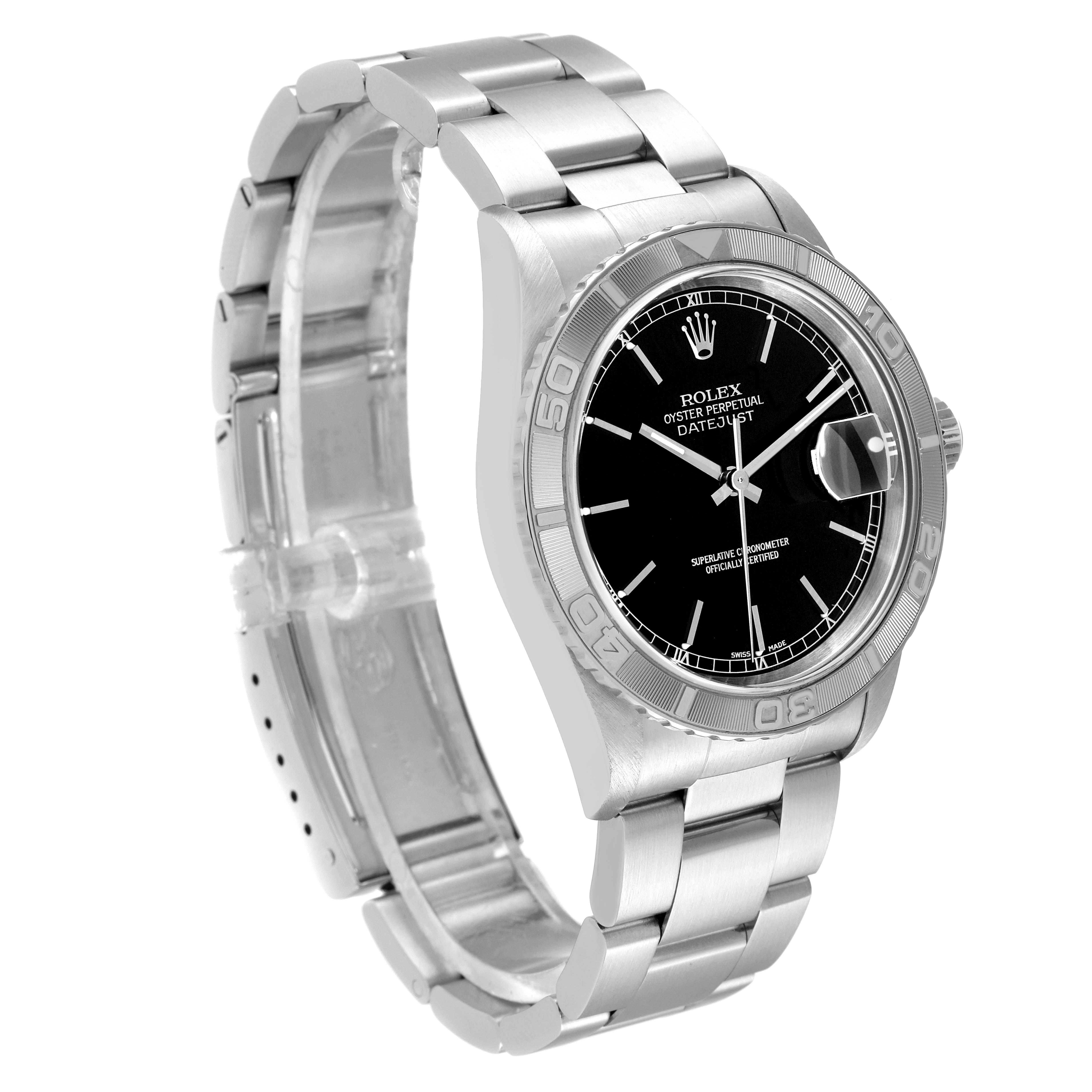 The image shows a Rolex Turn-o-Graph 16264 Men
s Stainless Steel Black Dial 16264 Men
s Stainless Steel Black Dial watch at a slight angle, highlighting its bracelet, bezel, dial, and crown.