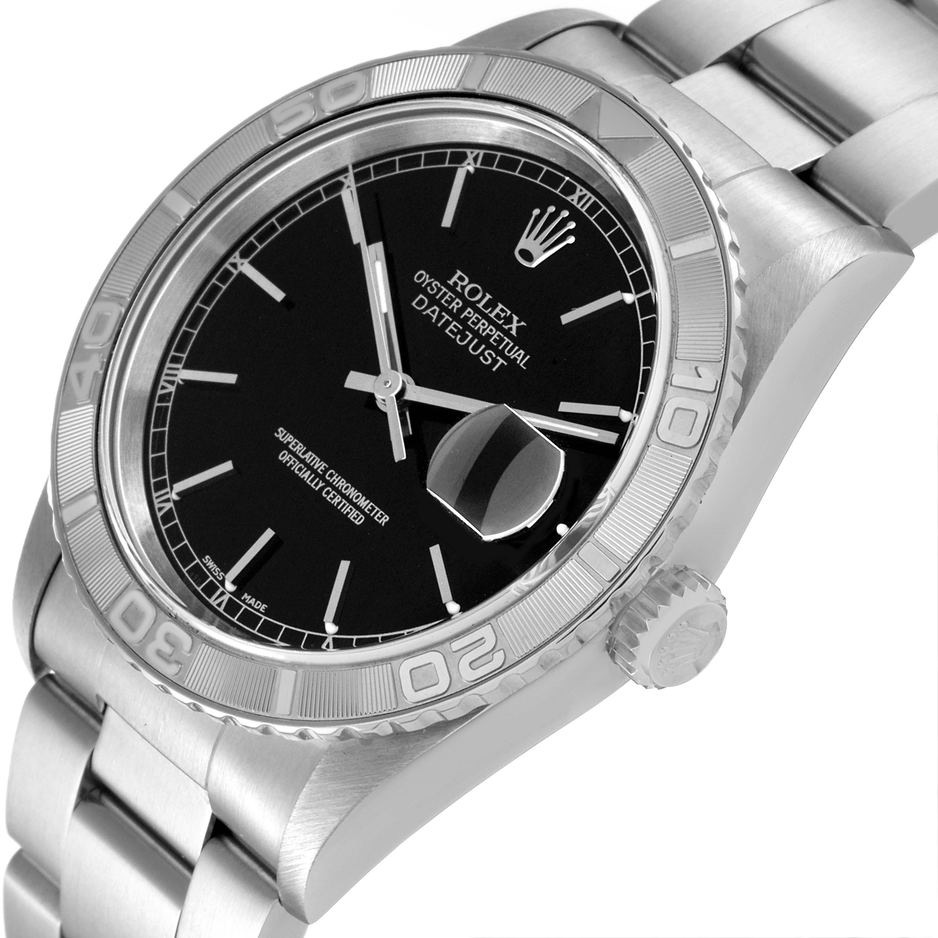 The Rolex Turn-o-Graph 16264 Men
s Stainless Steel Black Dial 16264 Men
s Stainless Steel Black Dial model is shown from a tilted angle, displaying its dial, bezel, and part of the bracelet.