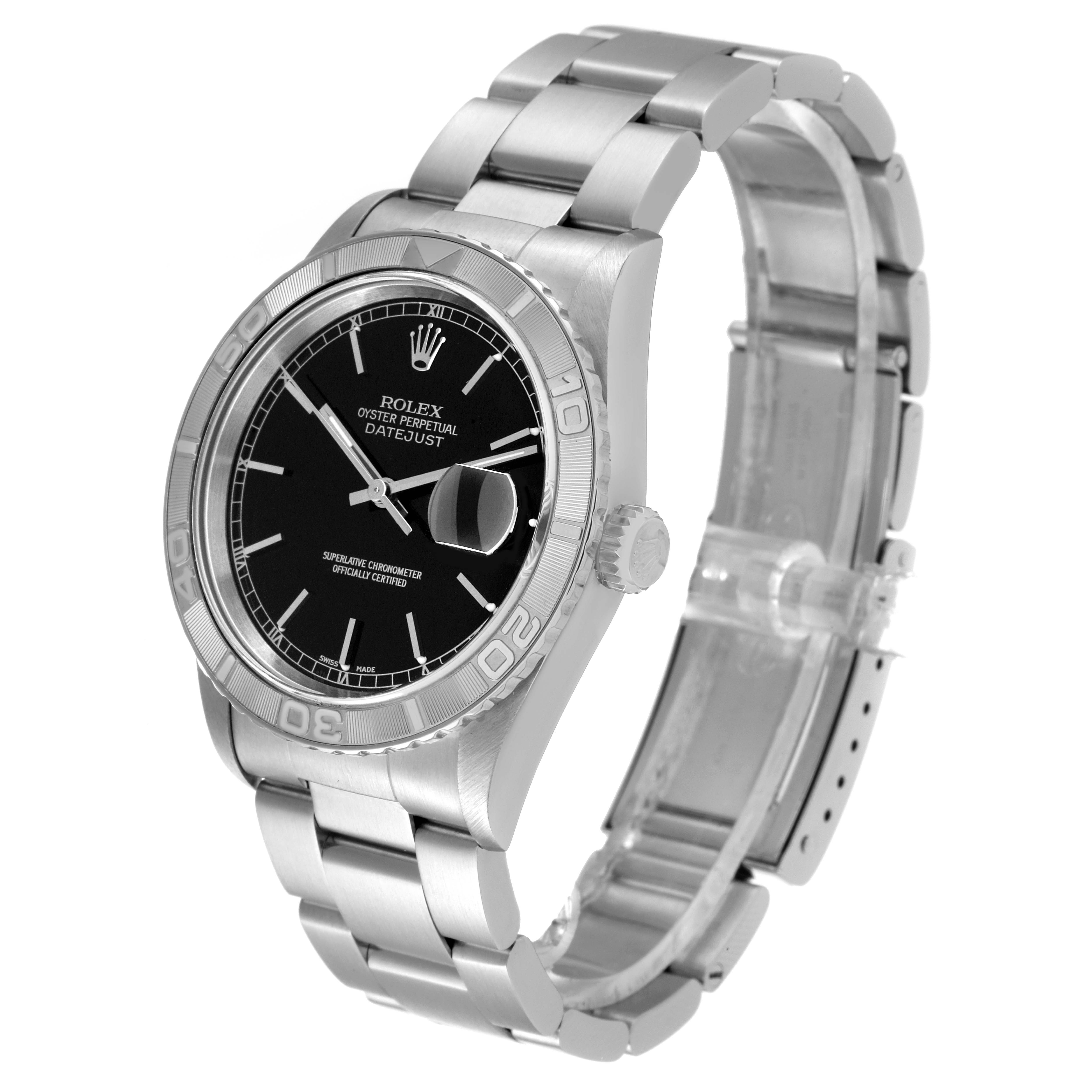The image shows a Rolex Turn-o-Graph 16264 Men
s Stainless Steel Black Dial 16264 Men
s Stainless Steel Black Dial watch at an angle displaying the face, bezel, crown, and bracelet.
