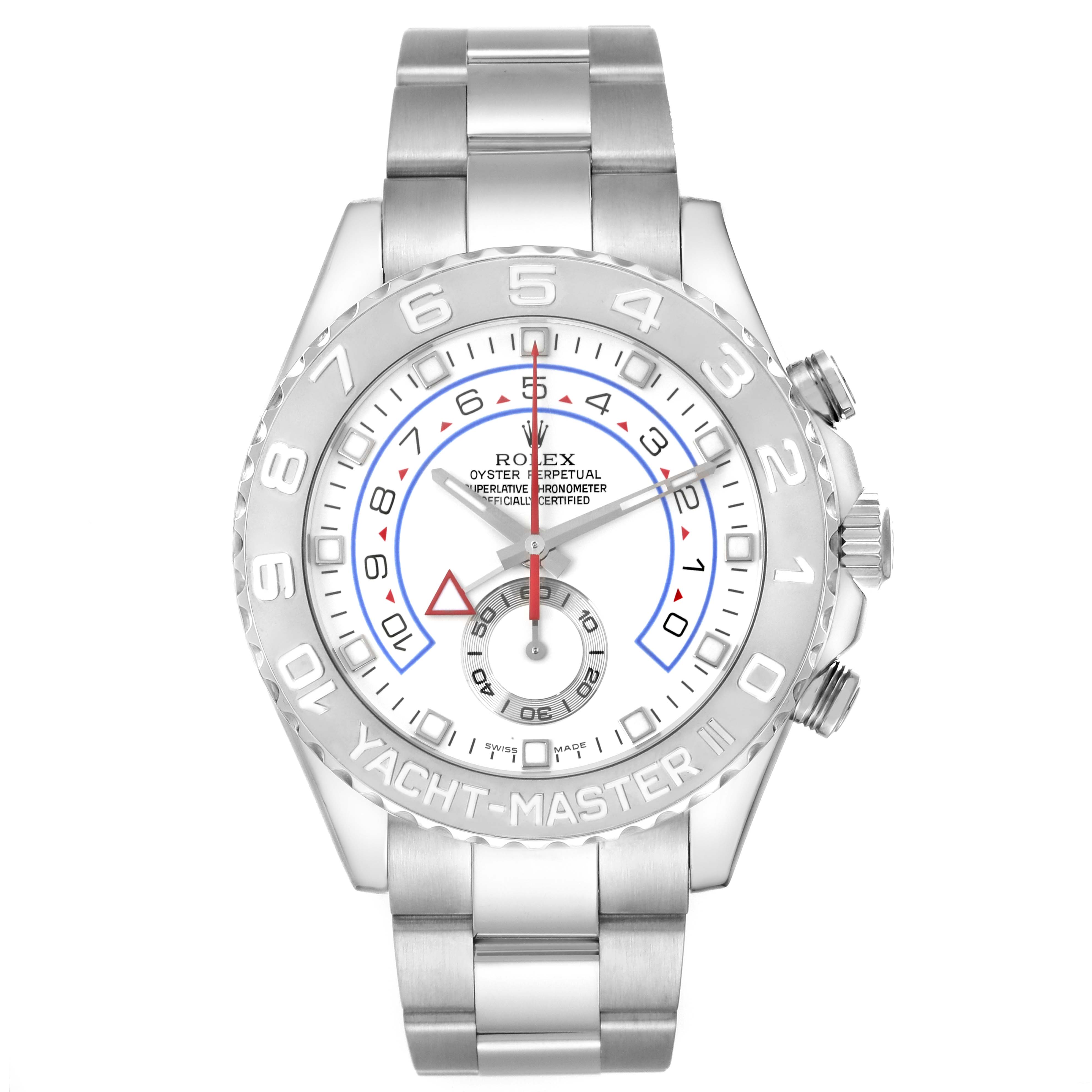 This image shows a front view of a Rolex Yacht-Master 116689 Men
s White Gold Silver Dial 116689 Men
s White Gold Silver Dial watch, displaying its dial, bezel, and bracelet.