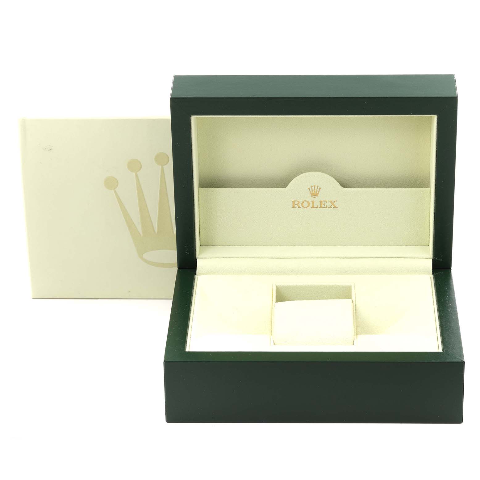 This image shows an open Rolex Yacht-Master 116689 Men
s White Gold Silver Dial 116689 Men
s White Gold Silver Dial watch box, with the lid and cushion compartment visible.