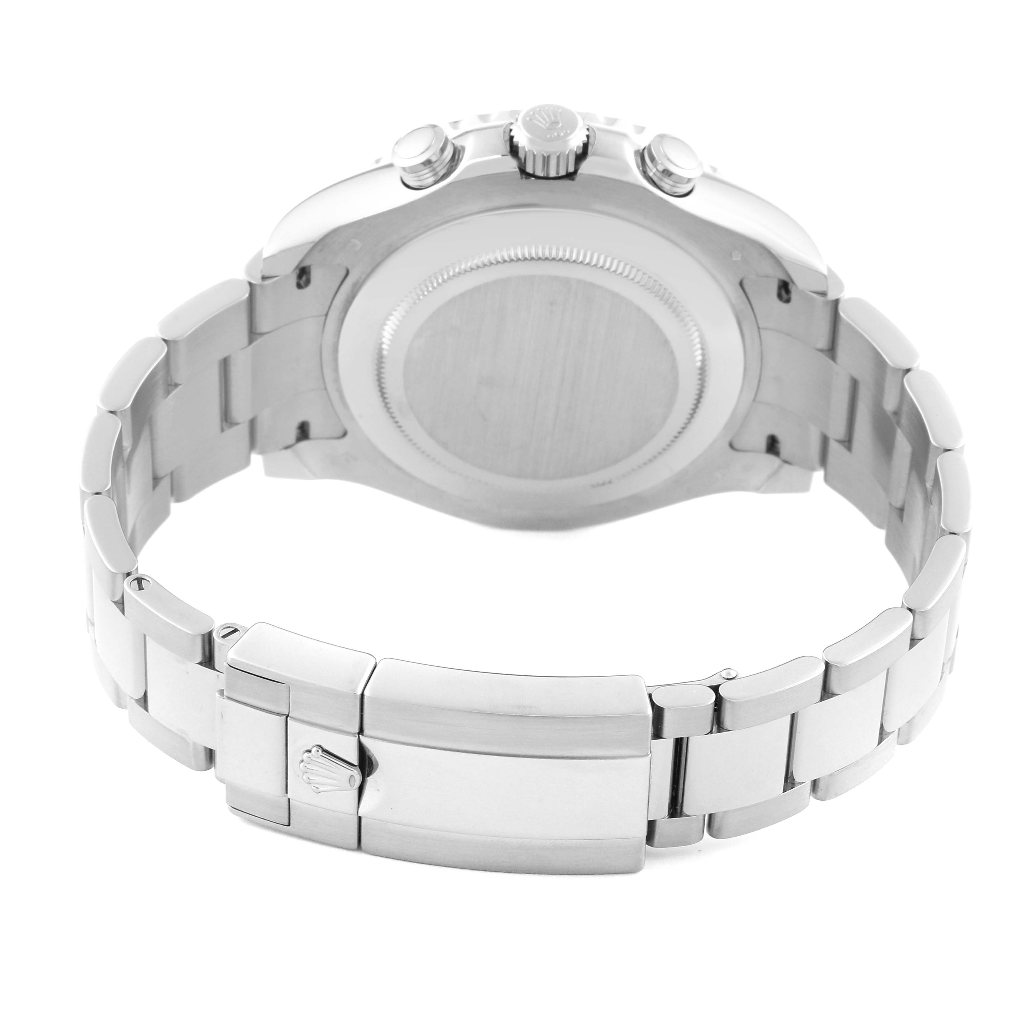 The image shows the back case and bracelet clasp of a Rolex Yacht-Master 116689 Men
s White Gold Silver Dial 116689 Men
s White Gold Silver Dial watch from a rear angle.