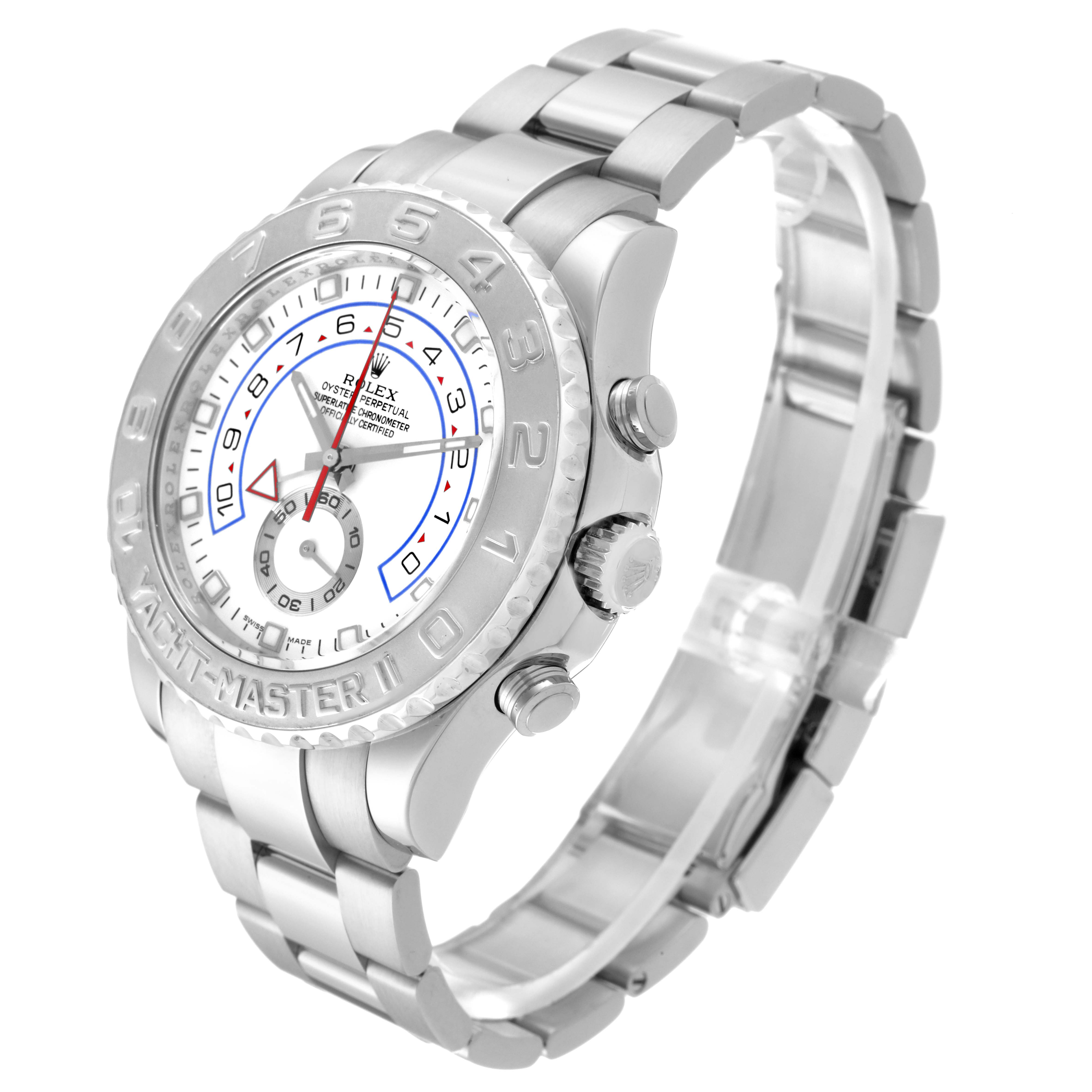 The image shows a Rolex Yacht-Master 116689 Men
s White Gold Silver Dial 116689 Men
s White Gold Silver Dial watch at a side angle, highlighting its bracelet, bezel, and dial.