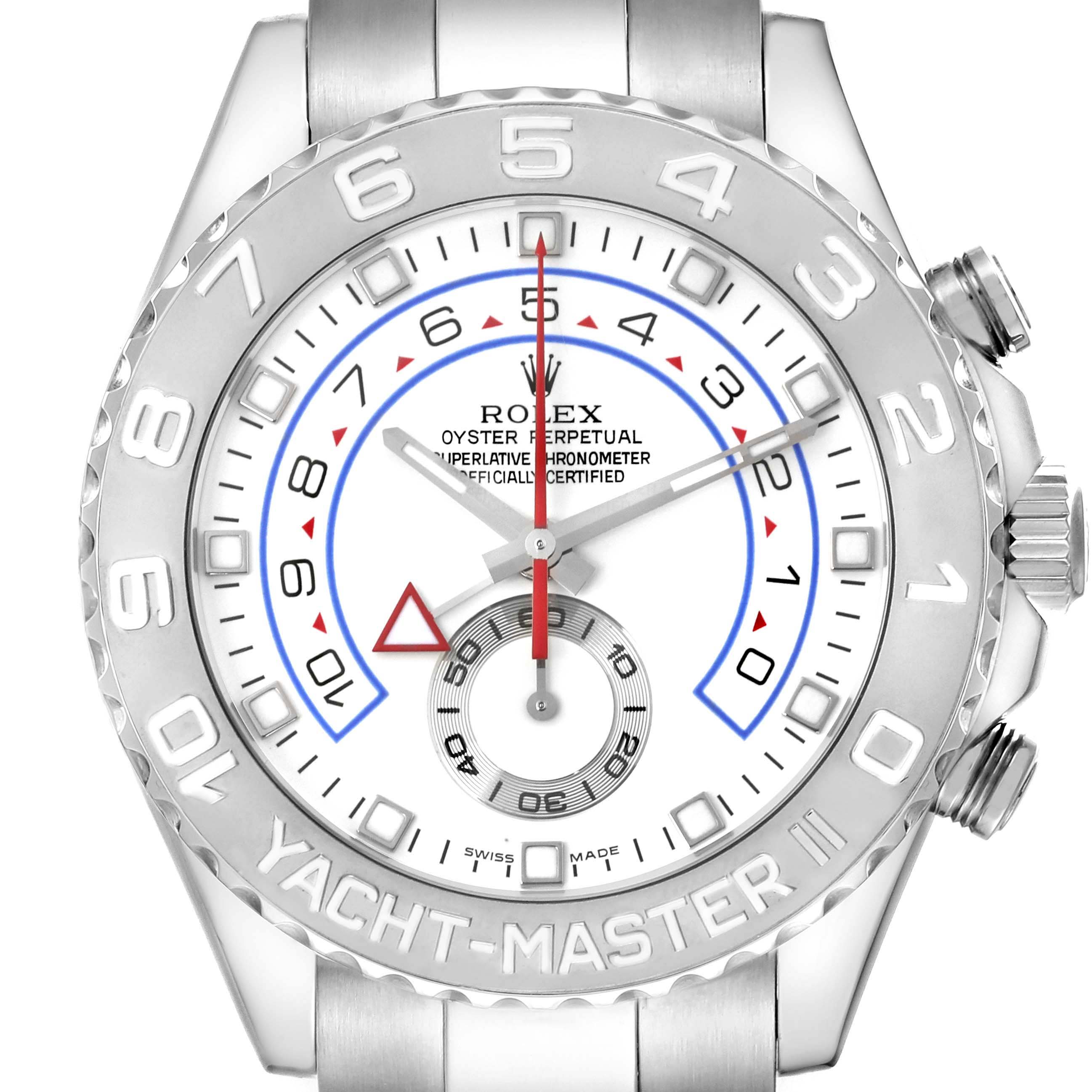 The image shows a front view of the dial and bezel of the Rolex Yacht-Master 116689 Men
s White Gold Silver Dial 116689 Men
s White Gold Silver Dial model watch.